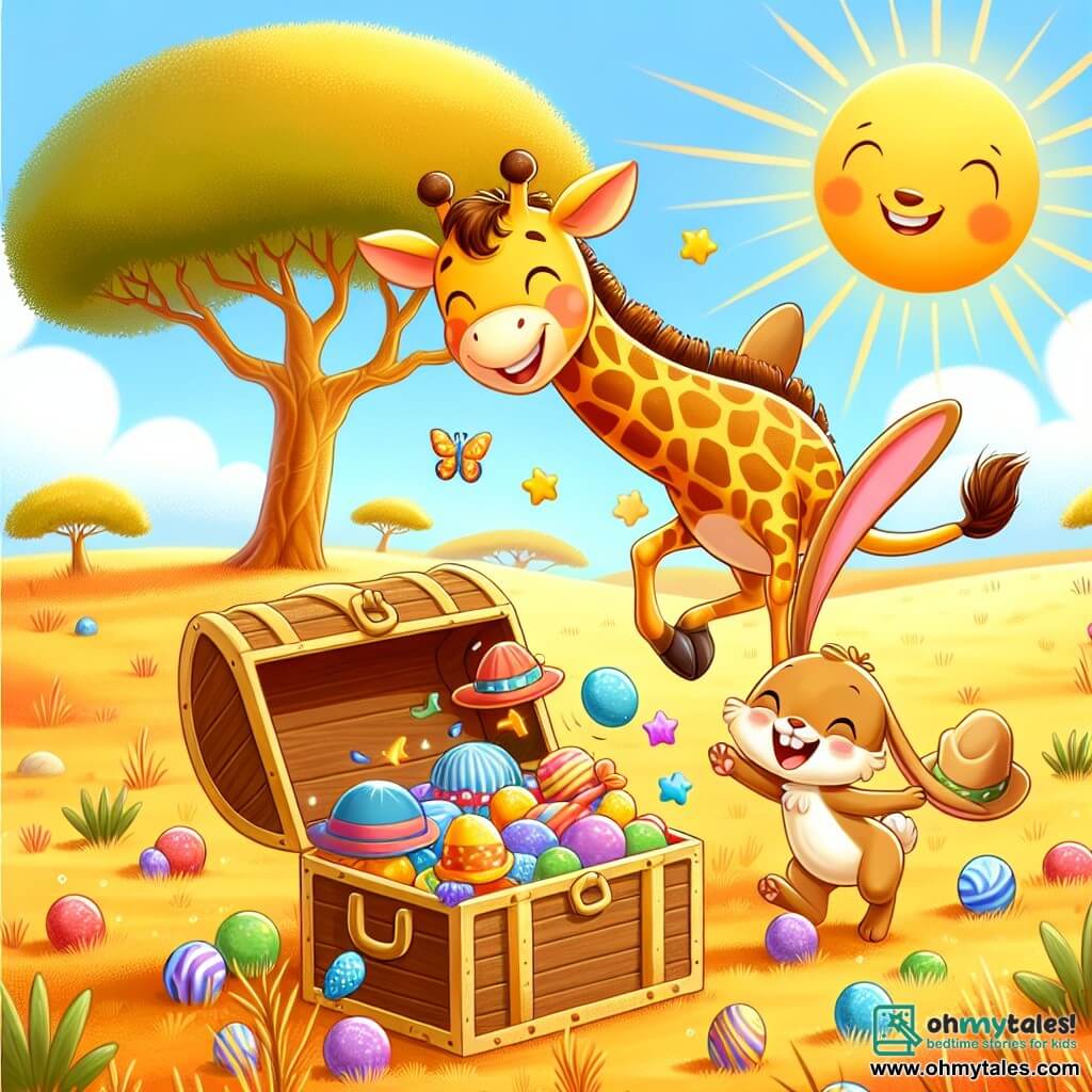 Une illustration sous forme de dessin destinée aux enfants représentant une savane ensoleillée avec des herbes dorées et un grand arbre au loin, où une girafe joyeuse avec un long cou tacheté et un sourire éclatant se penche pour ouvrir un coffre au trésor rempli de bonbons colorés et de chapeaux amusants, tandis qu'un petit lapin aux grandes oreilles et au pelage brun saute autour d'elle, riant et essayant de porter un chapeau trop grand, capturant l'esprit d'amitié et de découverte de cette journée magique.