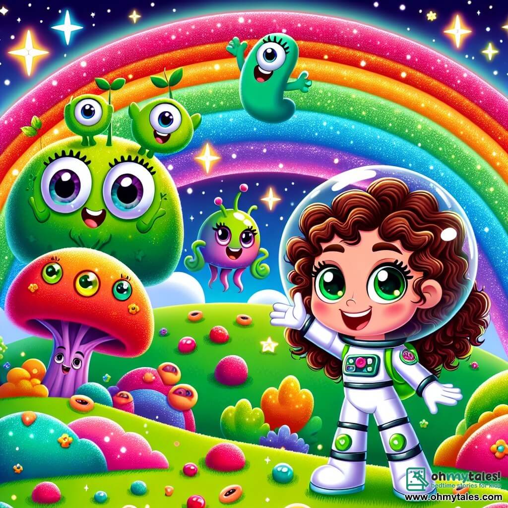 Une illustration sous forme de dessin destinée aux enfants représentant une planète colorée avec un sol en herbe arc-en-ciel et des arbres aux fruits sucrés, où une femme courageuse aux cheveux châtains bouclés et aux yeux verts pétillants, vêtue d'une combinaison spatiale brillante, se tient avec un grand sourire, entourée d'un alien vert aux trois yeux flottant joyeusement et d'une créature nuageuse avec de grands yeux amicaux, alors qu'ils célèbrent ensemble le retour du Cristal de Joie volé par un monstre d'ombre, le tout sous un ciel étoilé rempli de couleurs éclatantes et de lumières scintillantes.