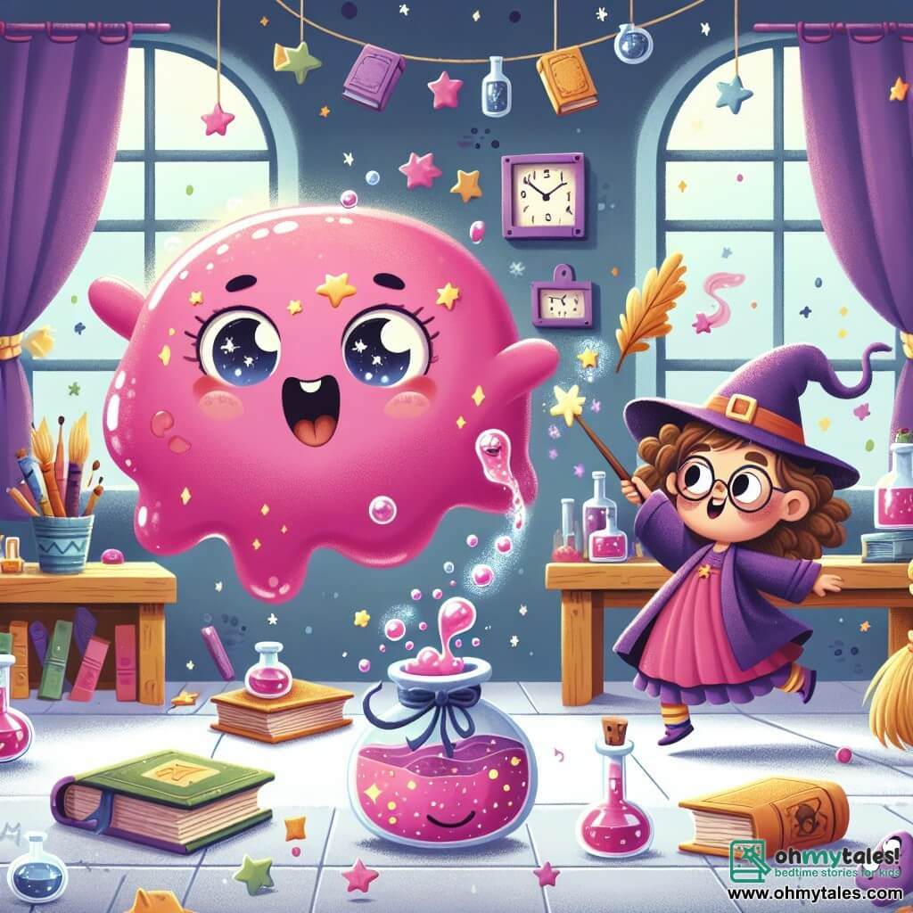 Une illustration sous forme de dessin destinée aux enfants représentant une salle de classe magique remplie de livres flottants et de potions colorées, où une petite fille apprentie sorcière aux cheveux bouclés et à la robe violette, tenant une baguette scintillante, tente de contrôler un énorme monstre en gelée rose qui rebondit joyeusement autour d'elle, tandis qu'un balai souriant, avec des yeux pétillants, vole à ses côtés pour l'aider, le tout dans une ambiance ludique et ensorcelante.