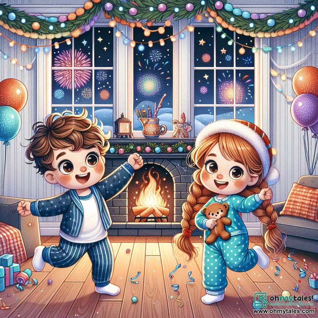 Une illustration sous forme de dessin destinée aux enfants représentant un chaleureux salon décoré pour le Nouvel An, avec des guirlandes colorées et des ballons scintillants, où un garçon de 3 ans aux cheveux bouclés et aux grands yeux marron, vêtu d'un pyjama bleu, danse joyeusement avec une fille de 4 ans aux cheveux roux et aux tresses, tandis qu'un grand feu de cheminée crépite en arrière-plan, et des feux d'artifice illuminent le ciel étoilé à travers la fenêtre, créant une atmosphère festive et magique.