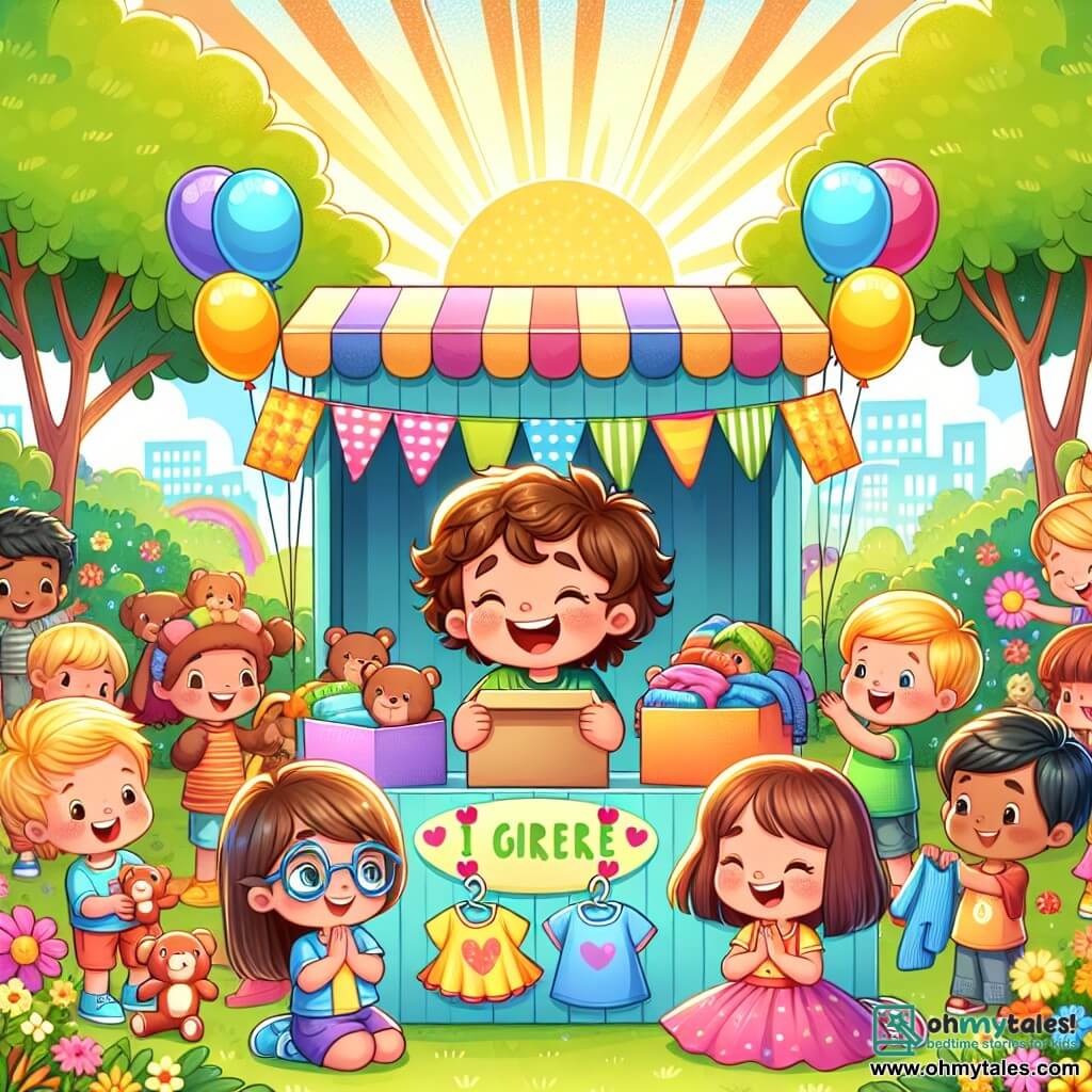 The illustration depicts a sunny park filled with greenery and colorful flowers. In the center, a stand decorated with multicolored balloons and welcoming banners is where children laugh and joyfully interact with families. A 10-year-old boy with curly hair and a big smile stands behind the stand, enthusiastically offering a box of food. Next to him, a 9-year-old girl wearing blue glasses and a colorful t-shirt hands out clothes with a warm expression. An 11-year-old boy with brown hair and a mischievous look tells a joke, making a group of children laugh. Finally, an 8-year-old girl with long brown hair crouches down to give a teddy bear to a shy little girl who looks amazed. The scene radiates an atmosphere of sharing and joy, with bright smiles and friendly gestures. In the background, families gather around the stand, creating a sense of community and solidarity. Toys and clothes are neatly arranged on tables, while rays of sunlight illuminate the scene, adding warmth and happiness.