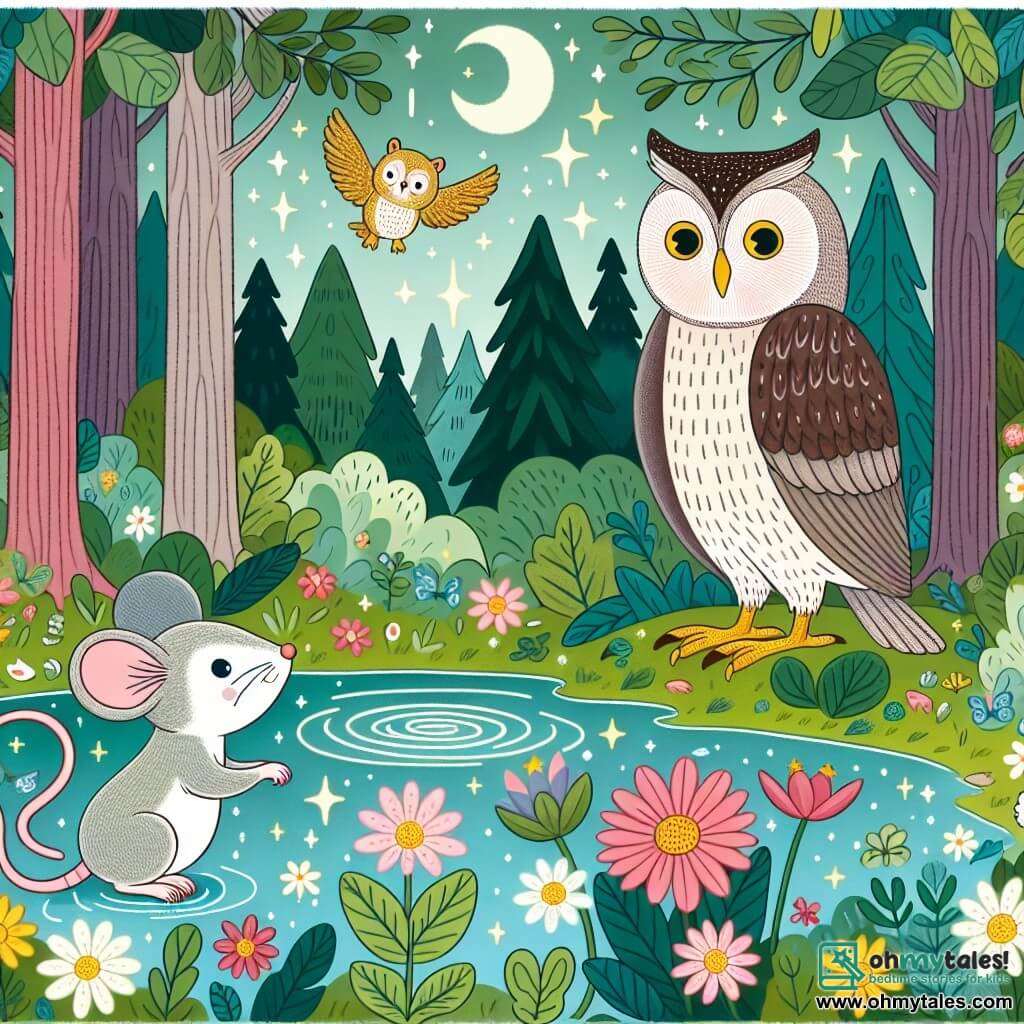 Une illustration destinée aux enfants représentant une petite souris intrépide, se trouvant au cœur d'une forêt enchantée, accompagnée d'un sage hibou et découvrant un étang magique scintillant, entouré de fleurs sauvages colorées.