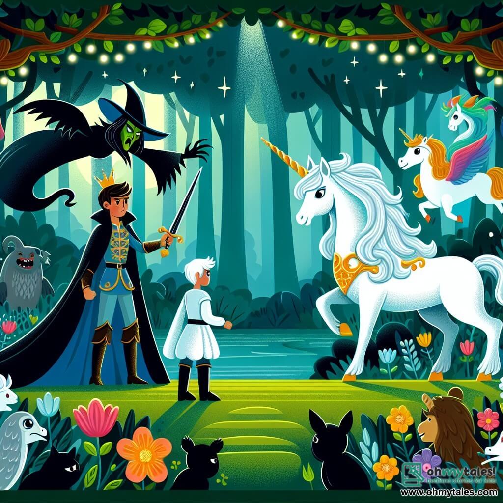 Une illustration destinée aux enfants représentant un prince courageux et plein de détermination, faisant face à une sorcière maléfique, accompagné d'un majestueux unicorn, dans une forêt enchantée remplie de fleurs lumineuses et d'animaux parlants.
