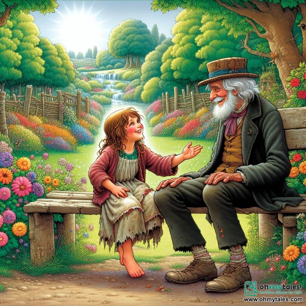 Une illustration destinée aux enfants représentant une jeune fille aux cheveux ensoleillés, vêtue de vêtements usés, partageant un sourire radieux avec un vieil homme assis sur un banc délabré, dans un parc verdoyant bordé de fleurs colorées et d'arbres majestueux, évoquant ainsi la rencontre magique entre la pauvreté et la générosité dans le charmant village de Willowville.