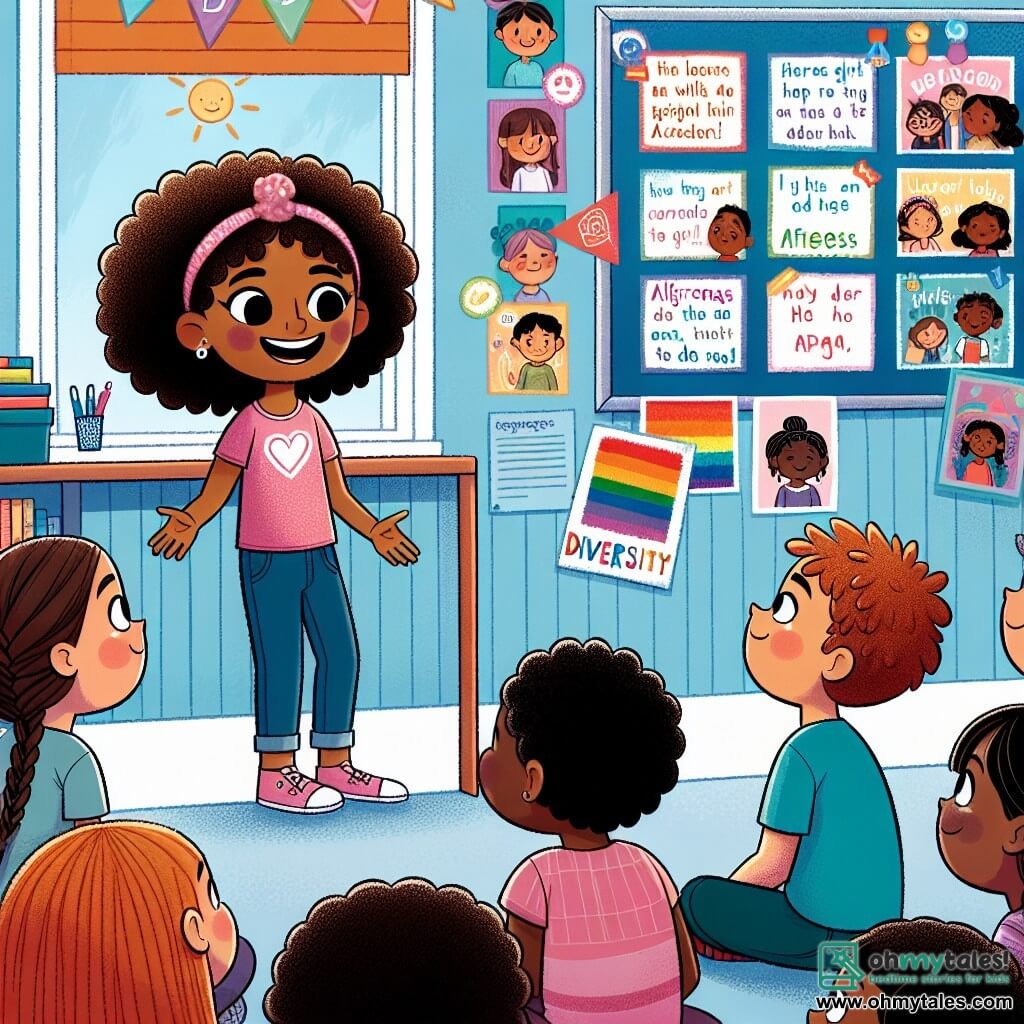 Une illustration sous forme de dessin destinée aux enfants représentant une salle de classe colorée et accueillante, avec des affiches sur les murs célébrant la diversité, où une fille de 11 ans aux cheveux bouclés et à la peau claire, souriante et pleine d'énergie, présente un projet sur l'acceptation à ses camarades, tandis qu'une autre fille de 11 ans, d'origine africaine avec une peau foncée et des tresses, l'écoute attentivement, entourées de camarades de classe curieux, tous captivés par leur discours sur l'importance de la tolérance et de l'amitié dans un monde diversifié.