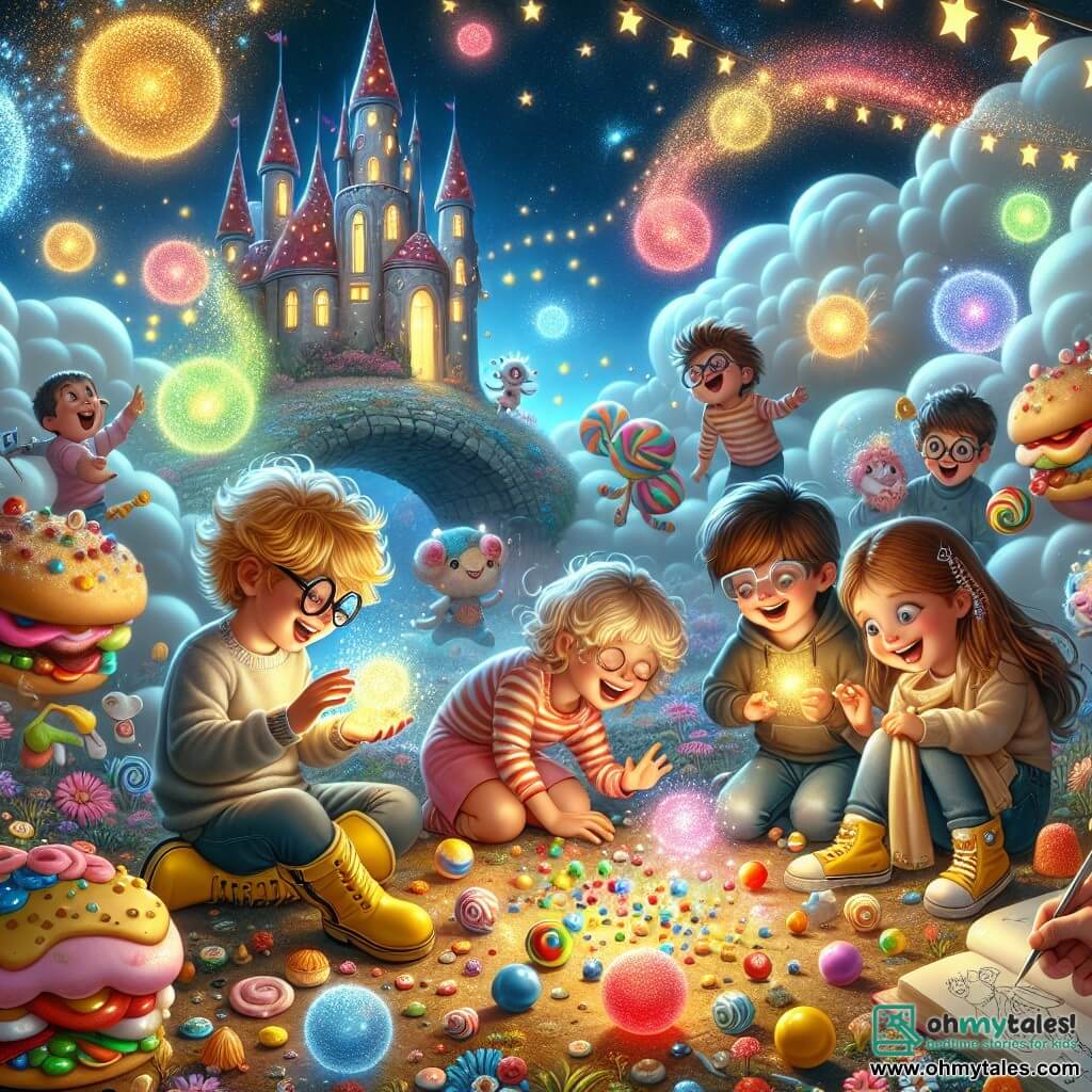 An illustration depicting a whimsical landscape in a science fantasy world, where a candy castle sparkles under a starry sky. The ground is covered with multicolored flowers dancing to a sweet melody, and marshmallow-shaped clouds float lazily. In the foreground, a seven-year-old boy with curly golden hair laughs as he tries to catch colorful gumballs bouncing around him. Next to him, a seven-year-old girl with sparkling eyes and yellow boots smiles while holding a shiny gumball in her hands. Another boy, with glasses sliding down his nose, leans over a sparkling gadget he created, while a girl with long brown hair, holding a sketchbook, sketches a fantastical creature inspired by their adventure. The scene shows the children in action, surrounded by laughing gumballs and singing sandwiches joyfully dancing around them. Magical light bursts from the gadget, creating an atmosphere of joy and wonder, while a little wizard with tousled hair and a pointy hat watches them with a knowing smile.
