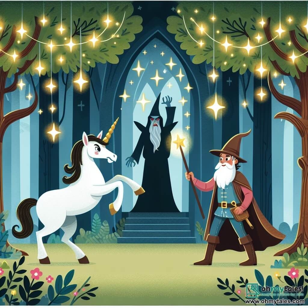 Une illustration destinée aux enfants représentant un alchimiste courageux, confronté à un roi maléfique, accompagné d'une licorne majestueuse, dans une forêt enchantée aux arbres centenaires et aux lumières dorées scintillantes.