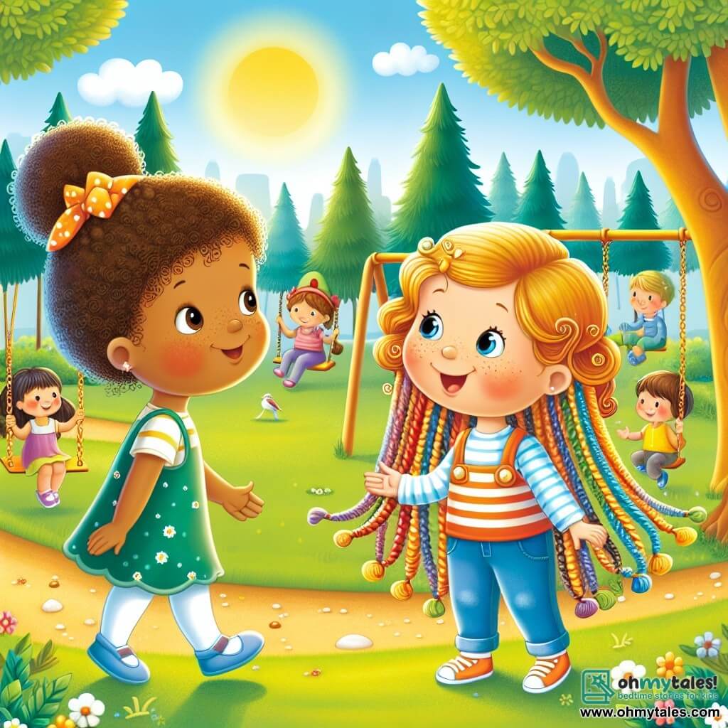 Une illustration destinée aux enfants représentant une petite fille aux cheveux bouclés et aux taches de rousseur, faisant connaissance avec une nouvelle amie aux longues tresses colorées, dans un parc ensoleillé rempli d'arbres, de balançoires et d'enfants jouant joyeusement.