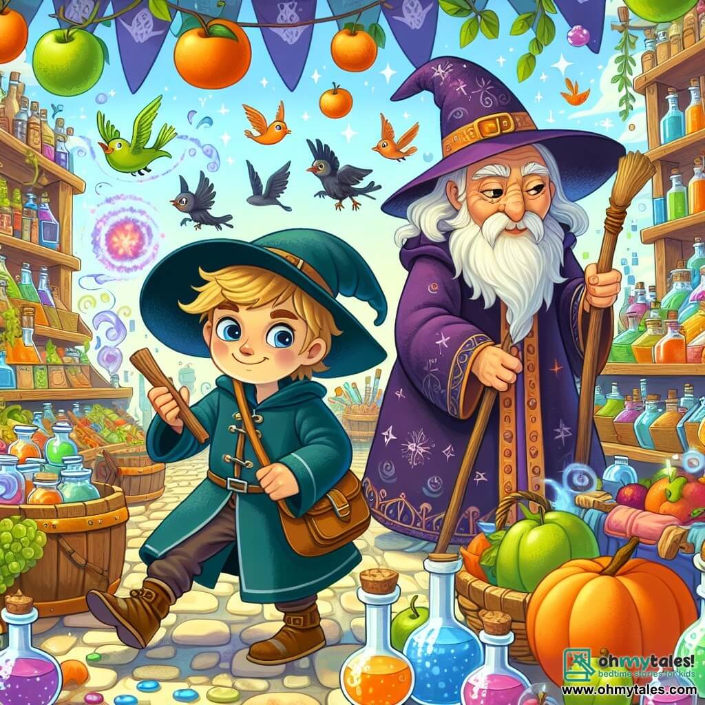 Une illustration destinée aux enfants représentant un jeune apprenti sorcier espiègle se retrouvant dans une situation magique et mouvementée, accompagné d'une vieille sorcière malicieuse, dans un marché animé rempli de fruits volants et de potions colorées.