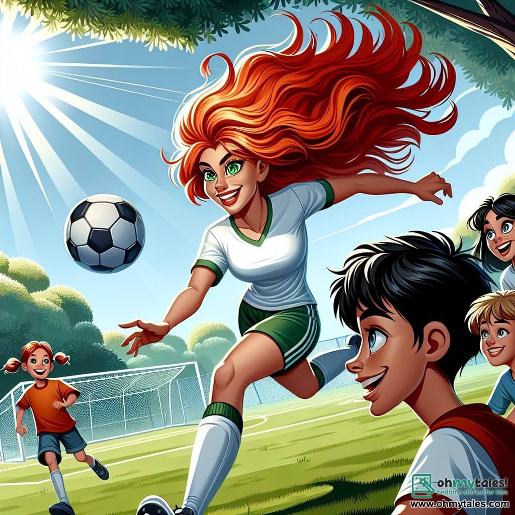 Une illustration sous forme de dessin destinée aux enfants représentant un parc ensoleillé avec des arbres verdoyants et un terrain de soccer, où une femme athlétique aux cheveux roux flamboyants et aux yeux verts éclatants dribble un ballon de soccer avec enthousiasme, entourée de plusieurs enfants, dont un garçon aux cheveux noirs et aux yeux bleus, qui regarde avec admiration et une fille aux couettes qui s'apprête à tirer au but, tous souriants et pleins d'énergie, capturant l'esprit de camaraderie et de joie du jeu.