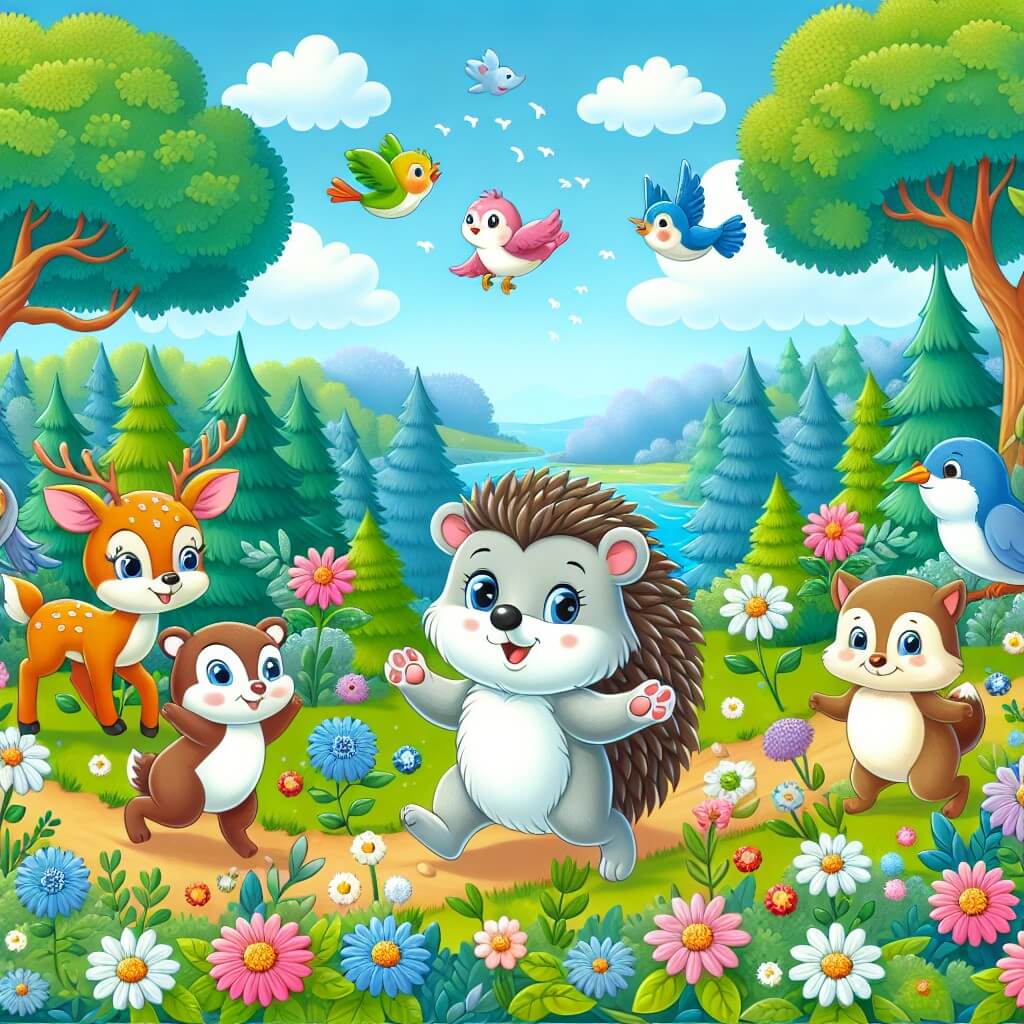 Une illustration destinée aux enfants représentant un adorable hérisson curieux, accompagné de ses amis animaux, se lançant dans une aventure palpitante à travers une forêt enchantée remplie de fleurs colorées, d'arbres majestueux et d'oiseaux joyeux.