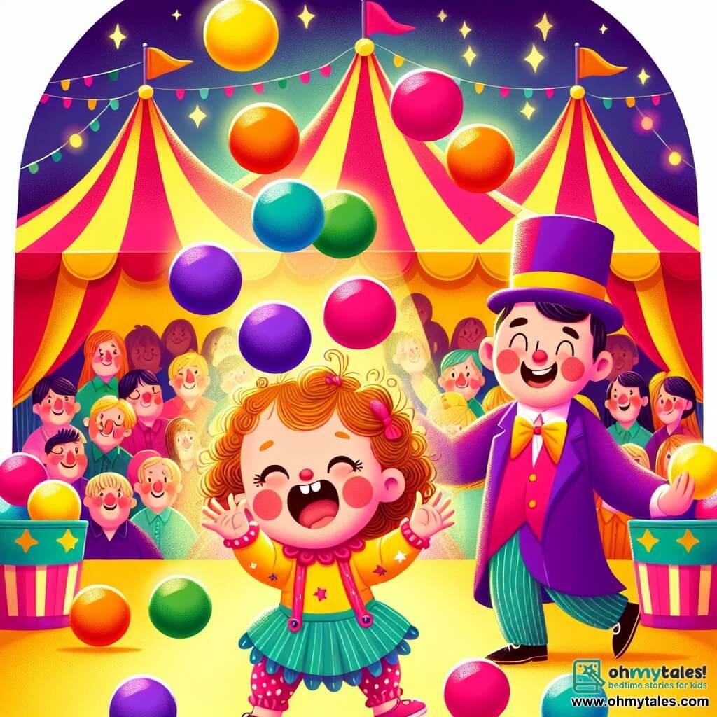 Une illustration sous forme de dessin destinée aux enfants représentant un cirque coloré avec des tentes rouges et jaunes, une petite fille de 1 an aux cheveux bouclés et aux yeux pétillants, riant aux éclats en essayant de jongler avec des balles colorées, tandis qu'un homme joyeux en costume violet et chapeau oversized, avec un grand sourire, l'encourage en lançant des balles dans les airs, le tout entouré de spectateurs émerveillés et d'une odeur de popcorn flottant dans l'air.