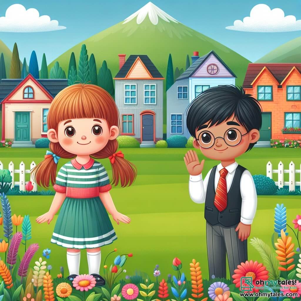 Une illustration destinée aux enfants représentant une fille pleine de curiosité et de gentillesse, accompagnée d'un garçon timide mais talentueux, dans la paisible ville de Willow Creek aux maisons colorées et aux jardins fleuris.
