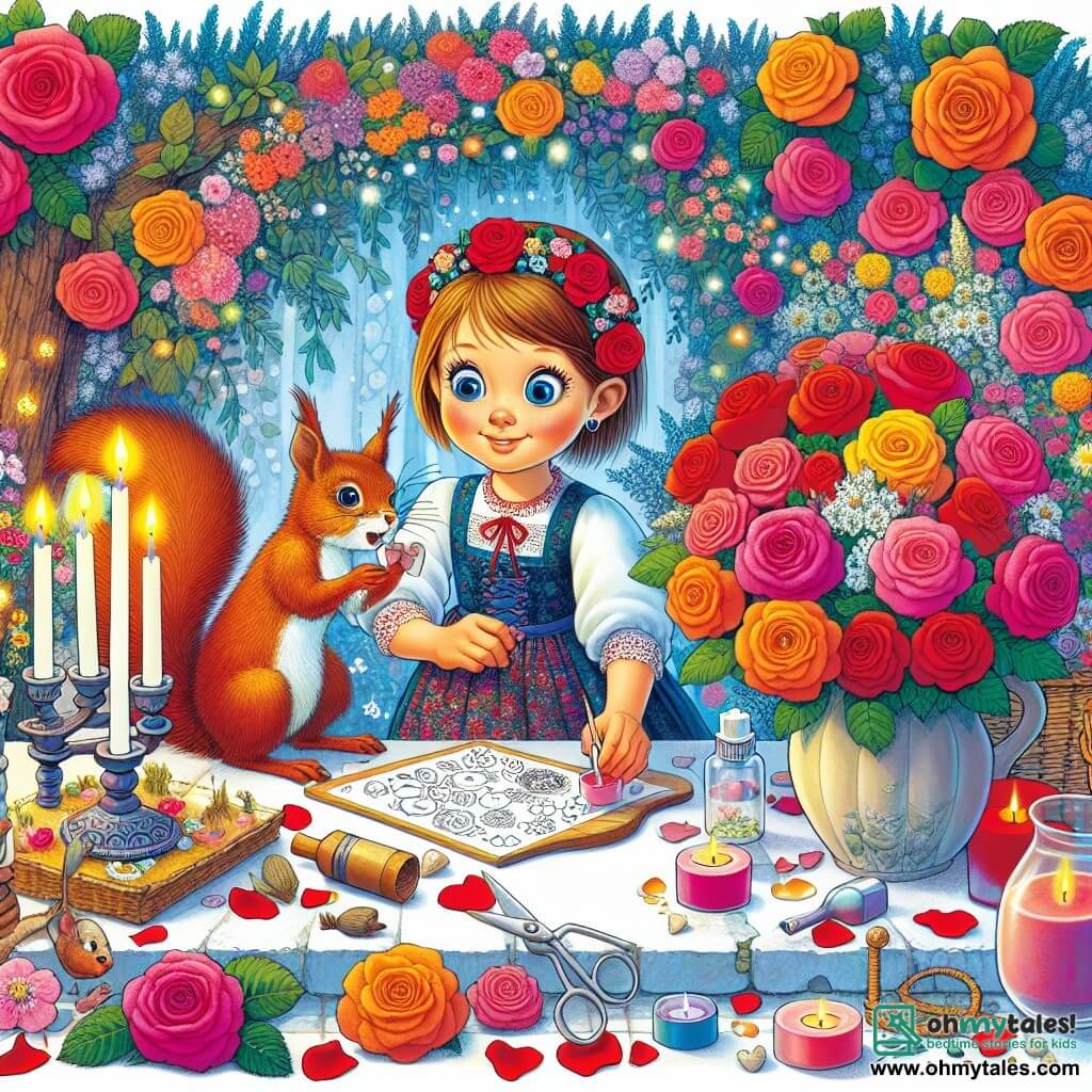 Une illustration destinée aux enfants représentant une fillette pleine de créativité préparant une surprise spéciale pour sa maman, avec l'aide d'un écureuil espiègle, dans un jardin fleuri et coloré rempli de pétales de roses et de bougies scintillantes.