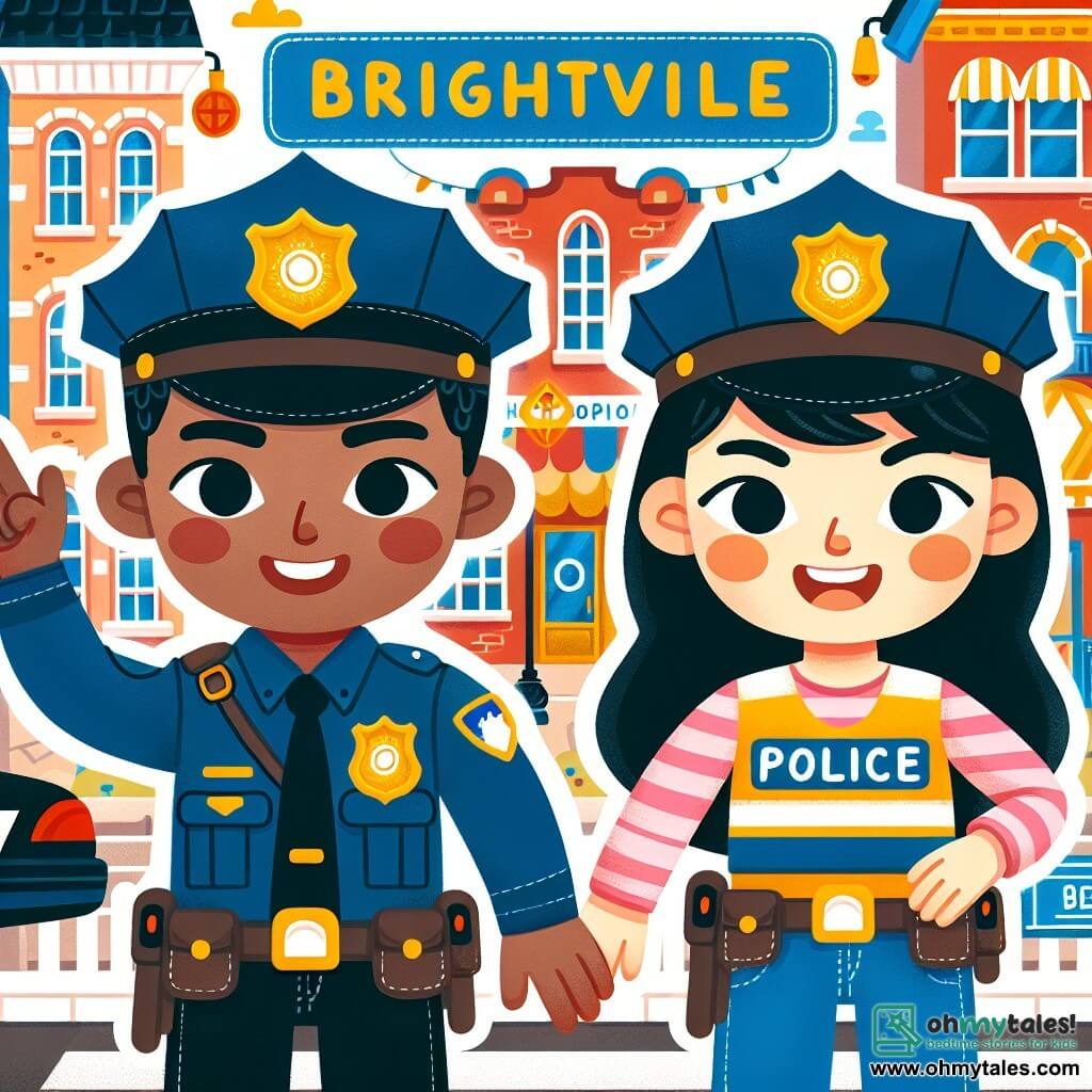 Une illustration destinée aux enfants représentant un jeune policier enthousiaste, accompagné de son partenaire expérimenté, patrouillant dans les rues colorées et animées de la ville de Brightville.