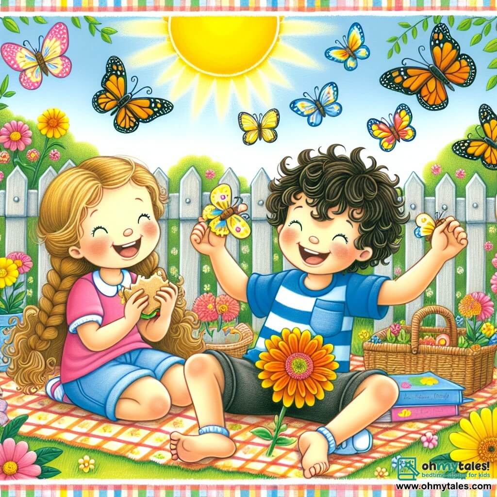 Une illustration sous forme de dessin destinée aux enfants représentant un jardin coloré et ensoleillé, où un garçon de 7 ans aux cheveux bruns et bouclés, vêtu d'un t-shirt bleu et de shorts, est assis sur un tapis de pique-nique, entouré de fleurs éclatantes et de papillons dansants, tandis qu'il rit avec deux amis : une fille aux cheveux blonds tressés portant une robe rose qui tient un sandwich en forme de papillon, et un garçon aux cheveux noirs en t-shirt vert qui montre une belle marigold, illustrant leur joie de jouer ensemble et de découvrir la nature après avoir passé trop de temps devant un écran.