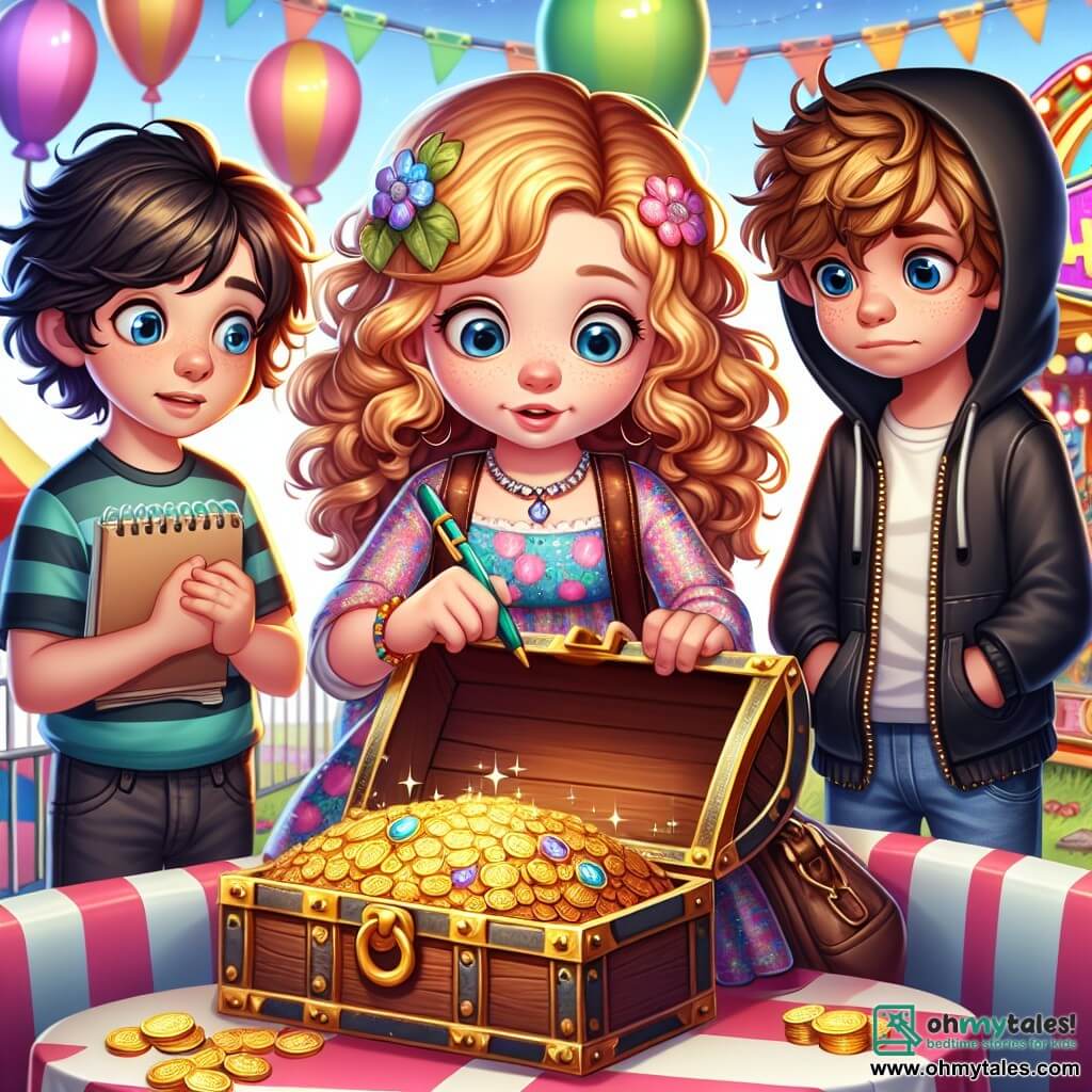 Une illustration sous forme de dessin destinée aux enfants représentant une scène animée du carnaval de Willow Creek, avec une fille de 11 ans aux cheveux bouclés et dorés, portant une robe colorée, qui examine attentivement un coffre au trésor scintillant, entourée de son amie aux yeux bleus et aux cheveux bruns, qui tient un carnet et un stylo, tandis qu'un garçon aux cheveux ébouriffés et au visage inquiet, vêtu d'un sweat à capuche noir, observe la scène avec espoir, tous trois plongés dans une enquête pour retrouver le trésor volé, avec des ballons colorés flottant dans le ciel et des stands de jeux en arrière-plan.