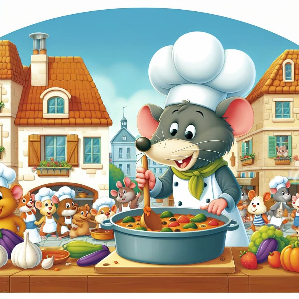 Une illustration destinée aux enfants représentant un malicieux rat chef, préparant une délicieuse ratatouille dans la cuisine d'un restaurant français traditionnel, avec l'aide de ses amis animaux, dans une petite ville animée.
