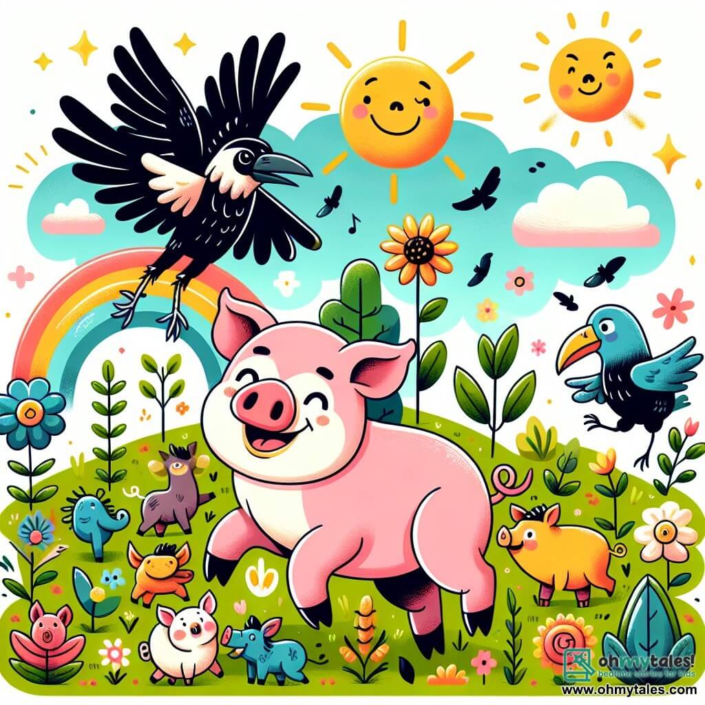 Une illustration destinée aux enfants représentant un joyeux cochon farceur, accompagné d'un malicieux corbeau, s'amusant dans une ferme colorée remplie d'animaux dansants, plantes luxuriantes et un soleil radieux.