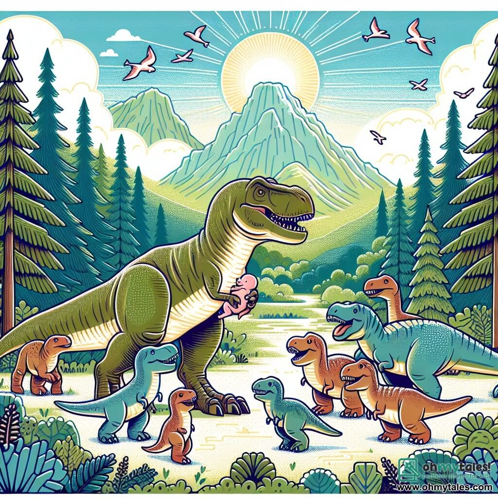 Une illustration destinée aux enfants représentant un majestueux Tyrannosaure Rex au cœur tendre, accompagné d'amis dinosaures, à la recherche d'un bébé perdu, dans une forêt luxuriante baignée de soleil, avec des arbres immenses et des montagnes majestueuses en arrière-plan.