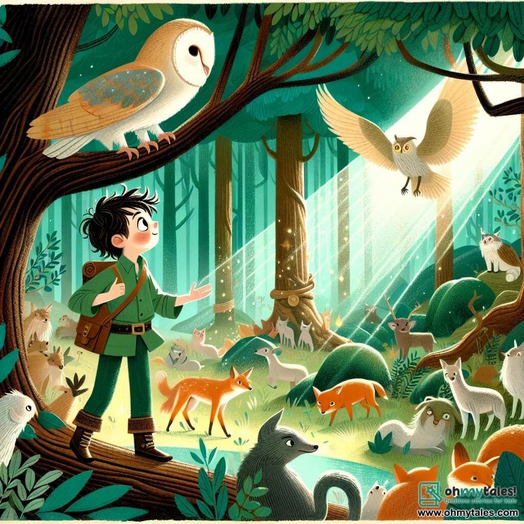 Une illustration destinée aux enfants représentant un jeune aventurier malicieux, à la taille minuscule mais au cœur immense, perdu dans une forêt enchantée remplie de créatures magiques, où il rencontre un sage hibou et découvre un conseil secret d'animaux qui se réunissent dans une clairière éclairée par les rayons dorés du soleil filtrant à travers les feuilles vert émeraude des arbres majestueux.