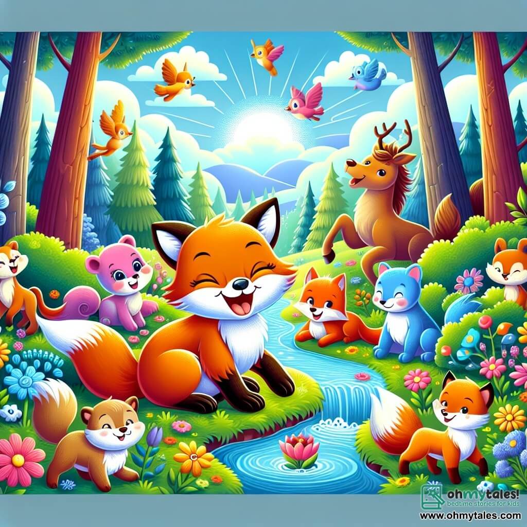 Une illustration destinée aux enfants représentant un renard malicieux, entouré d'animaux joyeux, dans une forêt enchantée remplie de fleurs colorées, d'arbres majestueux et d'un ruisseau scintillant sous un ciel bleu éclatant.