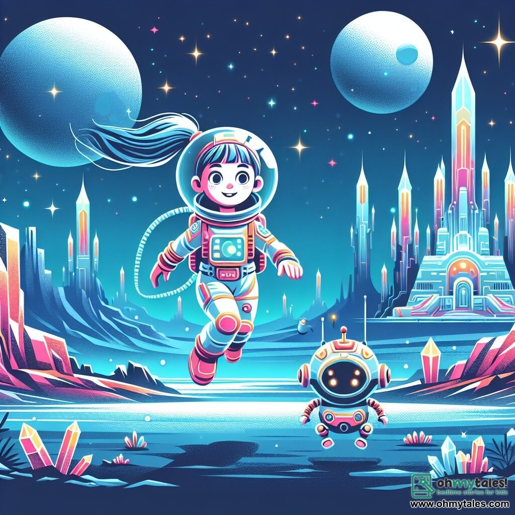 Une illustration destinée aux enfants représentant une femme audacieuse, cheveux flottant dans l'apesanteur, vêtue d'une combinaison spatiale colorée, explorant une cité extraterrestre abandonnée, accompagnée d'un adorable robot compagnon, sur une planète lointaine aux paysages éthérés, illuminée par des cristaux scintillants.