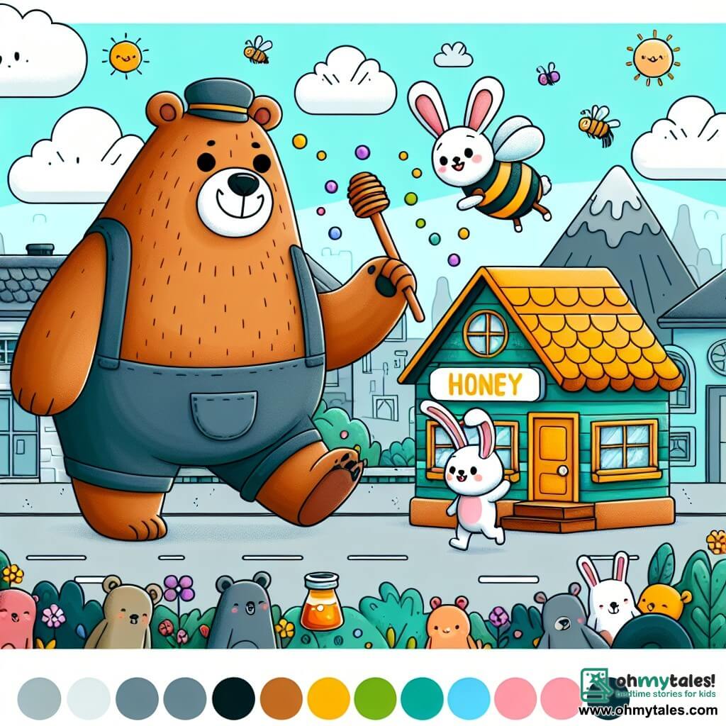 Une illustration destinée aux enfants représentant un grand ours maladroit, une petite lapine espiègle, et une boutique de miel colorée et animée dans une ville animée.