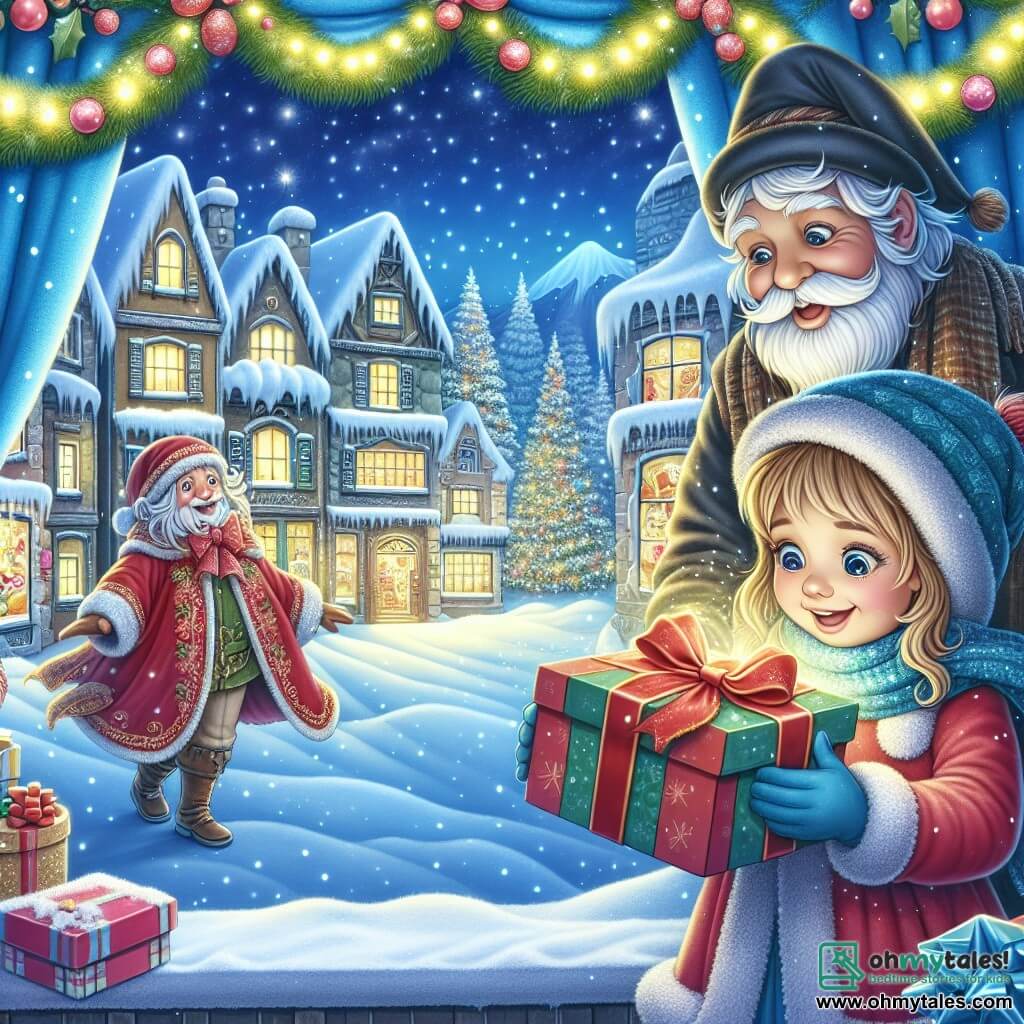 Une illustration destinée aux enfants représentant une fillette émerveillée par un mystérieux cadeau de Noël, accompagnée d'un joyeux vieux monsieur dans une boutique de jouets enchantée, située dans un village enneigé aux lumières scintillantes et aux maisons couvertes de neige.