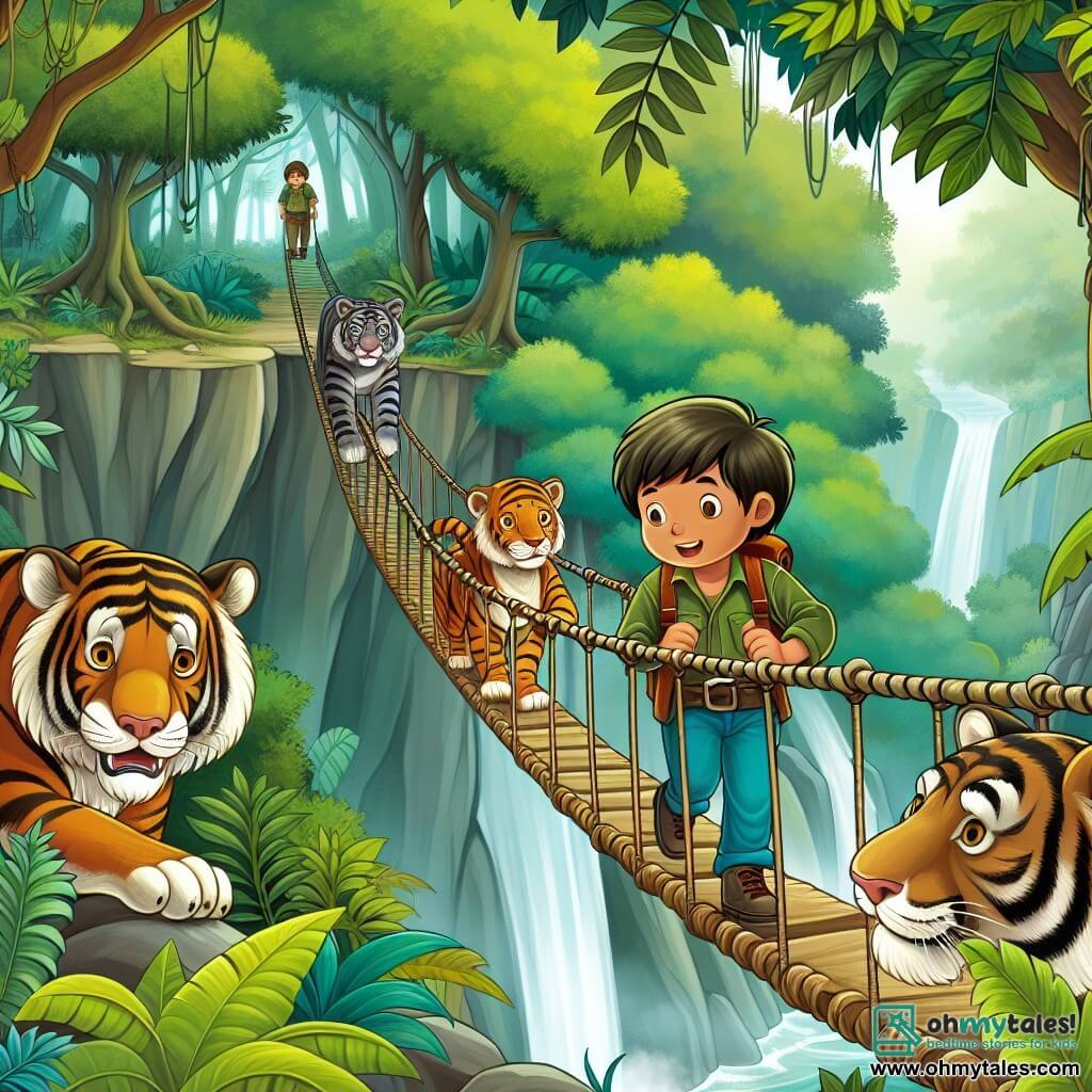 Une illustration destinée aux enfants représentant un petit garçon intrépide, accompagné de ses amis, traversant un pont suspendu au-dessus d'un ravine profonde, entourés de tigres majestueux, dans une jungle luxuriante et mystérieuse.