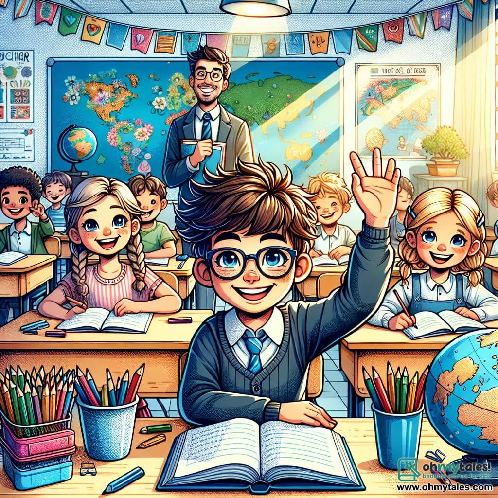 An illustration depicting a bright and colorful classroom, with walls adorned with educational posters, world maps, and student drawings. In the center, an 11-year-old boy with messy brown hair and glasses sits at his desk, beaming with a big smile, surrounded by books and school supplies. Next to him, an 11-year-old girl with braided blonde hair and glasses enthusiastically raises her hand, ready to answer a question. In the background, a teacher, a man in his forties with a well-groomed beard, smiles at the class while holding an open book. The scene exudes an atmosphere of excitement and learning, with sunlight streaming through the windows, illuminating the children's faces. Colored pencils, sheets of paper, and a globe are scattered across the desks, adding a creative touch to the school environment.