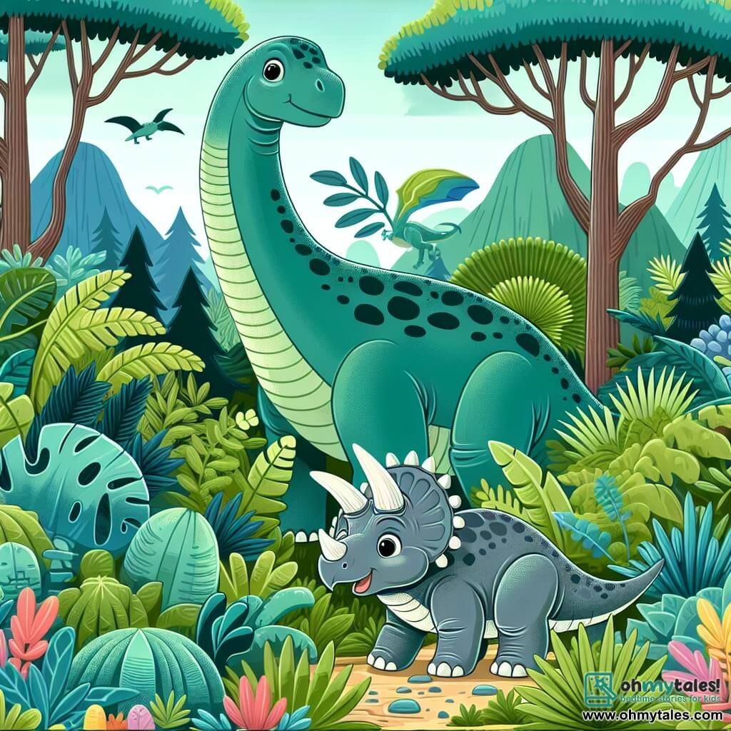 Une illustration destinée aux enfants représentant un majestueux diplodocus, se trouvant dans une forêt luxuriante remplie de végétation, accompagné d'un adorable bébé tricératops, qui cherche à retrouver sa famille lors d'une aventure passionnante.