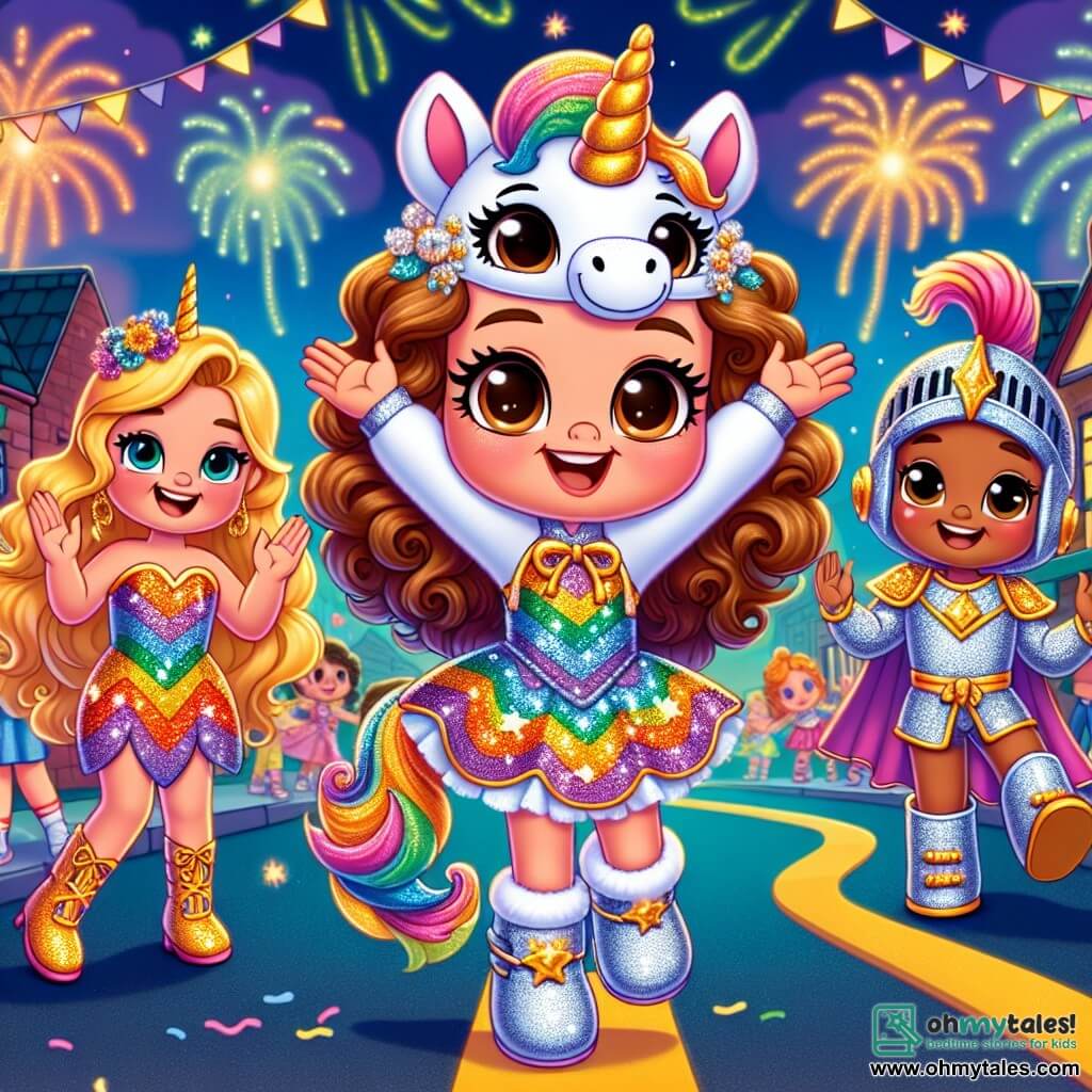 Une illustration sous forme de dessin destinée aux enfants représentant une scène vibrante du carnaval dans le village ensoleillé de Sunbeam Cove, avec une fille de 7 ans aux grands yeux bruns et aux cheveux bouclés, vêtue d'un costume de licorne coloré, dansant joyeusement au milieu de la rue décorée de banderoles scintillantes et de ballons, entourée de ses amis : une fille aux cheveux longs et blonds habillée en sirène étincelante, et un garçon en armure de chevalier brillant, tous deux souriants et applaudissant, tandis que des feux d'artifice illuminent le ciel nocturne, créant une atmosphère festive et magique.