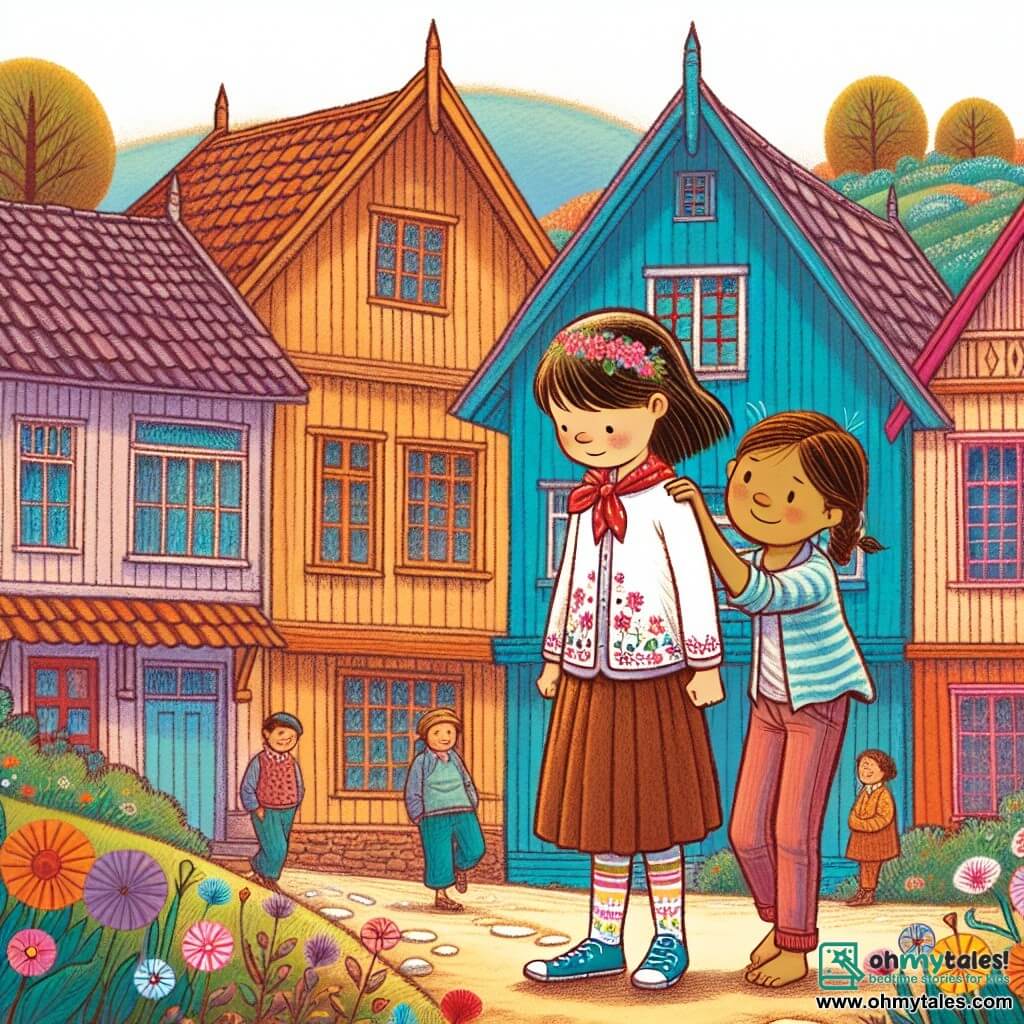 Une illustration destinée aux enfants représentant une jeune fille courageuse luttant contre le harcèlement, avec le soutien d'un nouvel ami, dans un paisible village aux maisons colorées et aux rues bordées de fleurs.