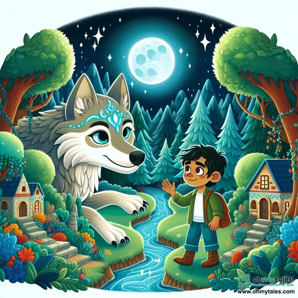 Une illustration destinée aux enfants représentant un courageux garçon, une rencontre inattendue avec un mystérieux loup, une amitié naissante, dans un village verdoyant entouré d'une forêt magique aux arbres majestueux et aux ruisseaux étincelants.