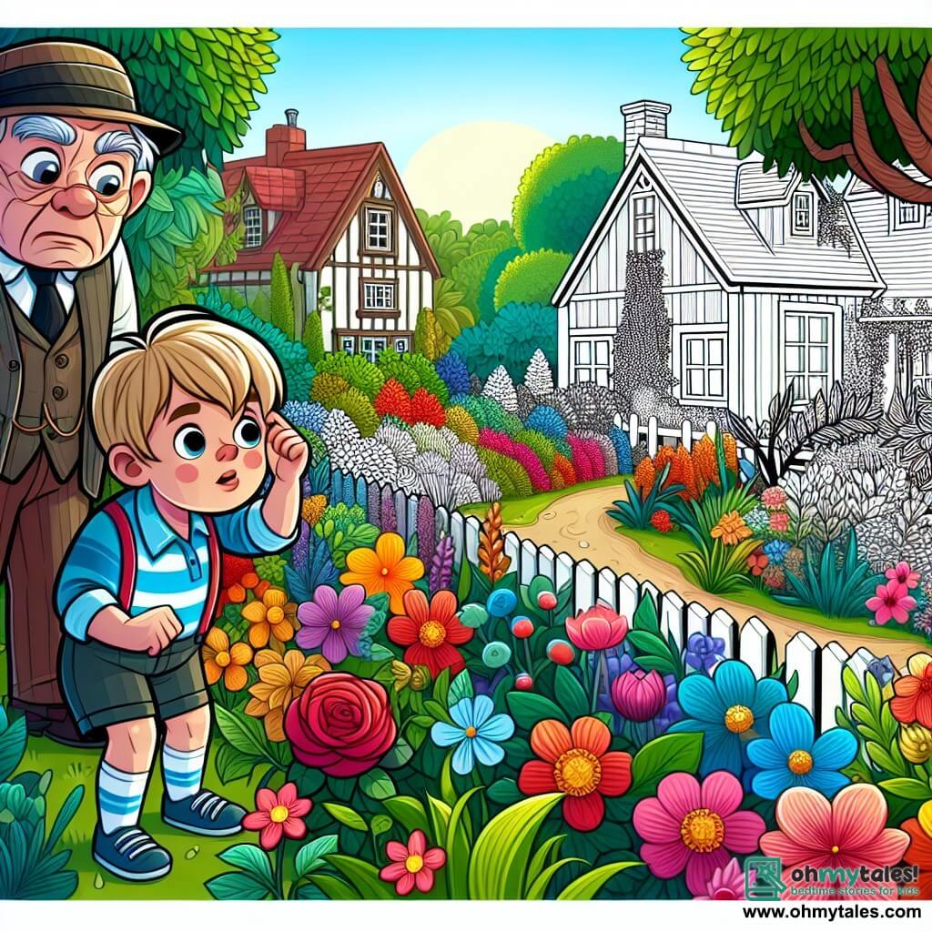 Une illustration destinée aux enfants représentant un jeune garçon curieux et observateur, accompagné d'un voisin grincheux, découvrant un jardin luxuriant rempli de fleurs colorées et d'arbres majestueux dans la petite ville pittoresque de Willow Creek.