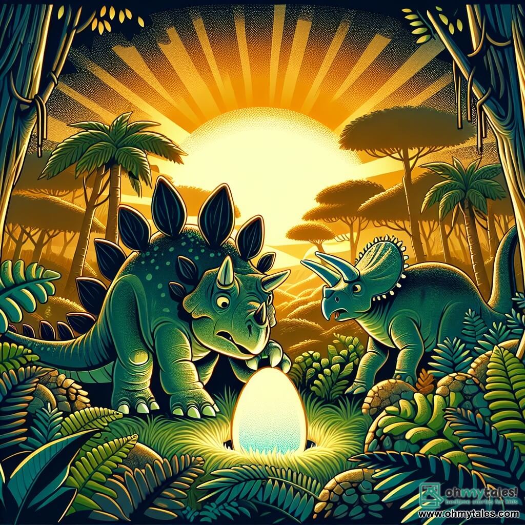 Une illustration destinée aux enfants représentant un stégosaure courageux, entouré d'une tricératops fille en détresse, découvrant un œuf lumineux au cœur d'une forêt préhistorique luxuriante, parsemée de fougères et baignée de la lumière dorée du soleil couchant.