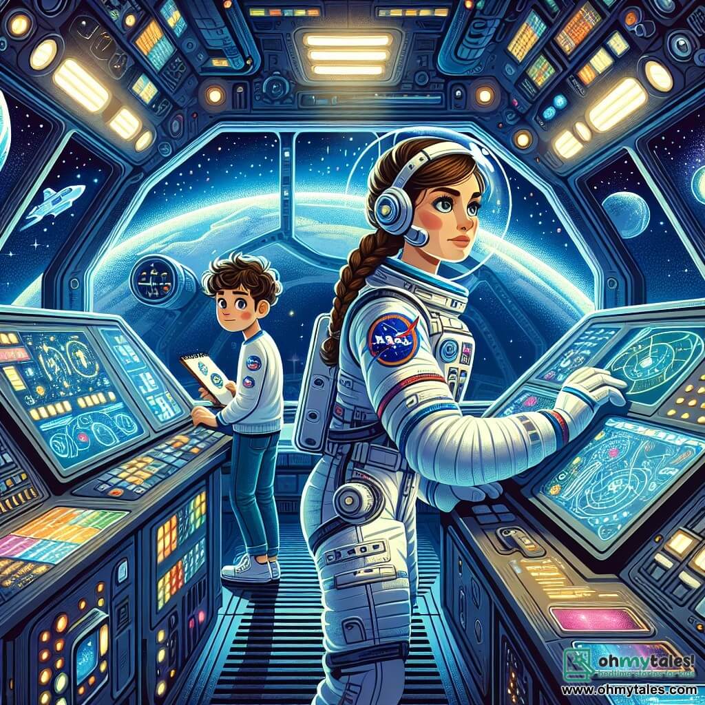 An illustration depicting a captivating scene inside a space station, where large windows offer a spectacular view of the blue Earth and twinkling stars. The interior is filled with bright screens and control panels, creating a futuristic and fascinating atmosphere. In the center of the image, a female astronaut with brown hair tied in a neat braid wears a white spacesuit adorned with colorful logos. Her face shows intense concentration as she manipulates controls on a dashboard, her eyes shining with determination and wonder. Beside her, a young boy of about 10, with curly hair and sparkling eyes of curiosity, watches in fascination. He wears a rocket-patterned t-shirt and denim pants, holding a small sketchbook in his hands, ready to draw what he sees. The main scene shows the female astronaut piloting the spacecraft while the boy admires the incredible view of Earth below. Additional graphic elements include navigation instruments, blinking lights, and images of planets on the screens, creating an atmosphere of exploration and discovery.