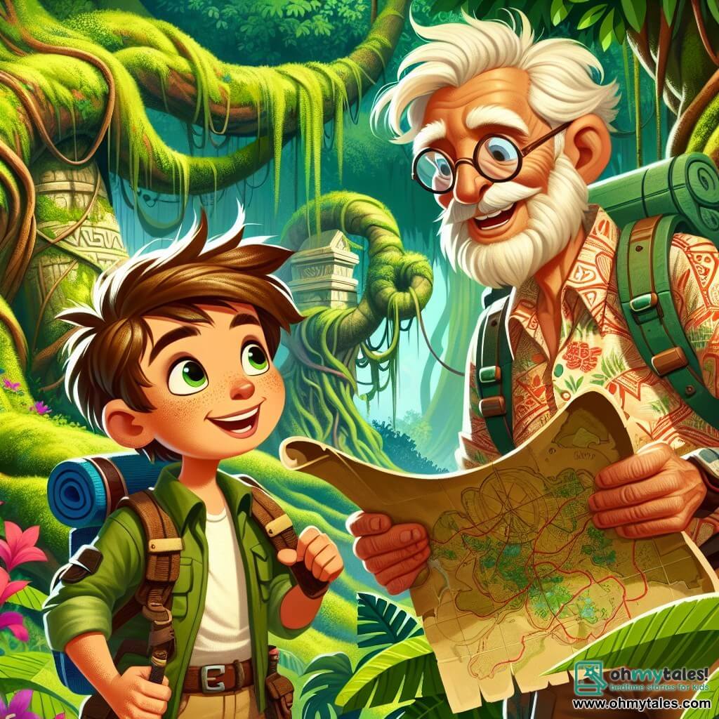 Une illustration sous forme de dessin destinée aux enfants représentant une jungle luxuriante et verdoyante, avec des arbres géants aux troncs noueux et des fleurs éclatantes, où un jeune garçon aux cheveux bruns en bataille et aux yeux pétillants d'excitation, portant un sac à dos rempli d'outils d'exploration, se tient devant un ancien temple en pierre recouvert de mousse, tandis qu'un homme âgé aux cheveux argentés et aux lunettes rondes, vêtu d'une chemise à motifs, observe attentivement une carte, tous deux sur le point de découvrir un trésor caché, entourés d'une atmosphère d'aventure et de mystère.