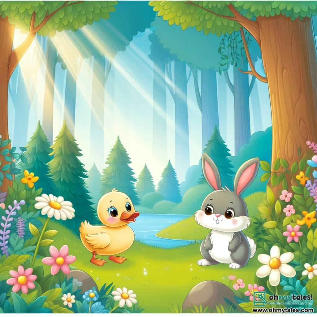 Une illustration destinée aux enfants représentant un petit canard courageux, se trouvant dans une forêt enchantée, accompagné d'un adorable lapin perdu, dans une prairie luxuriante avec des fleurs colorées et des rayons de soleil doux filtrant à travers les arbres.