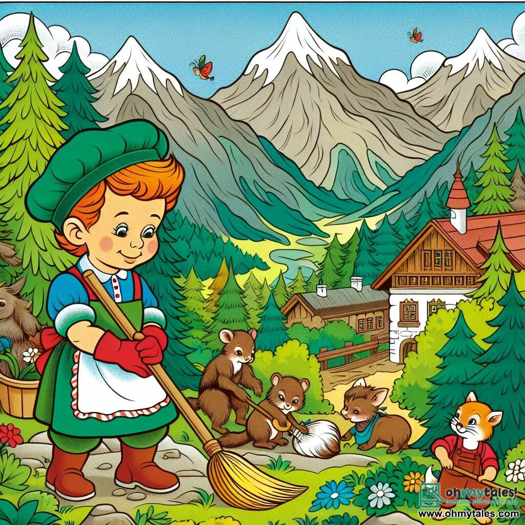 Une illustration destinée aux enfants représentant un jeune garçon aux cheveux roux, vêtu d'une casquette verte, en train de nettoyer une forêt enchantée avec l'aide d'une joyeuse bande d'animaux, dans un petit village niché au pied de majestueuses montagnes verdoyantes.