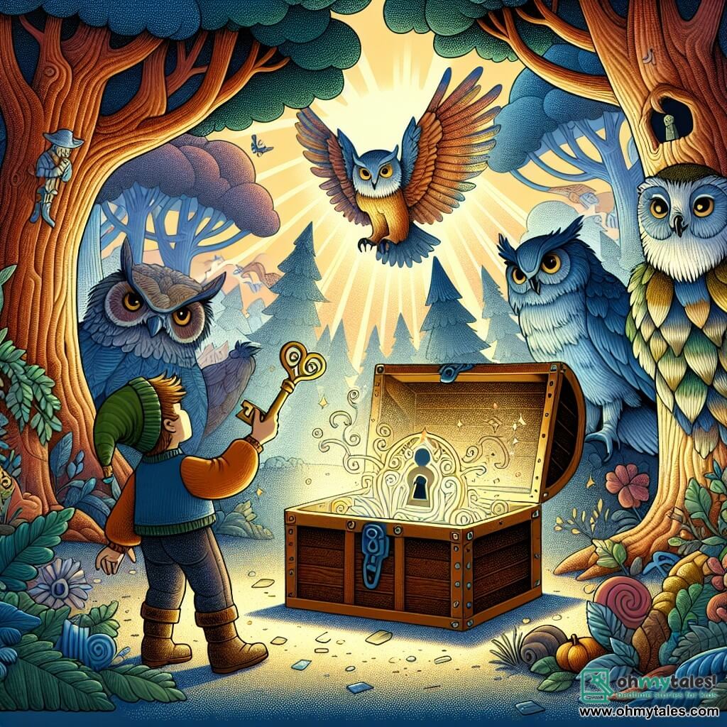 Une illustration destinée aux enfants représentant un intrépide jeune garçon, découvrant une clé magique dans un coffre poussiéreux, ouvrant ainsi la porte d'un monde enchanté rempli de créatures féériques, où il fait la rencontre d'une chouette sage et explore une forêt mystérieuse aux arbres majestueux et aux couleurs vives, illuminée par la lueur du soleil filtrant à travers les feuilles.