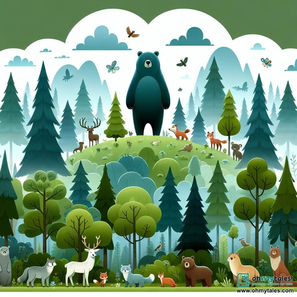 Une illustration destinée aux enfants représentant un majestueux ours solitaire, se tenant sur une colline verdoyante, entourée d'arbres majestueux et d'animaux curieux, dans la forêt enchantée de l'Everwood.