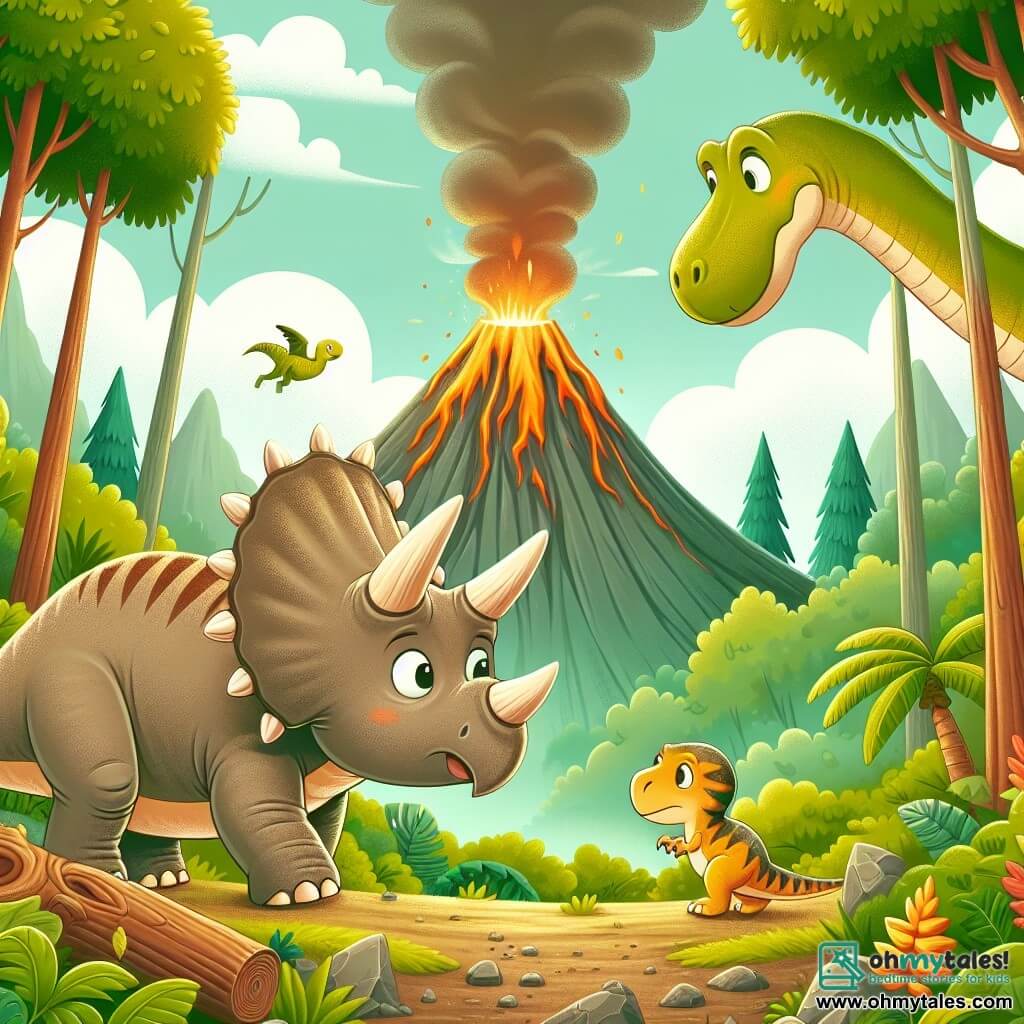 Une illustration destinée aux enfants représentant un tricératops curieux et aventureux, accompagné d'un tyrannosaure et d'un diplodocus, explorant un volcan fumant au cœur d'une luxuriante forêt préhistorique.