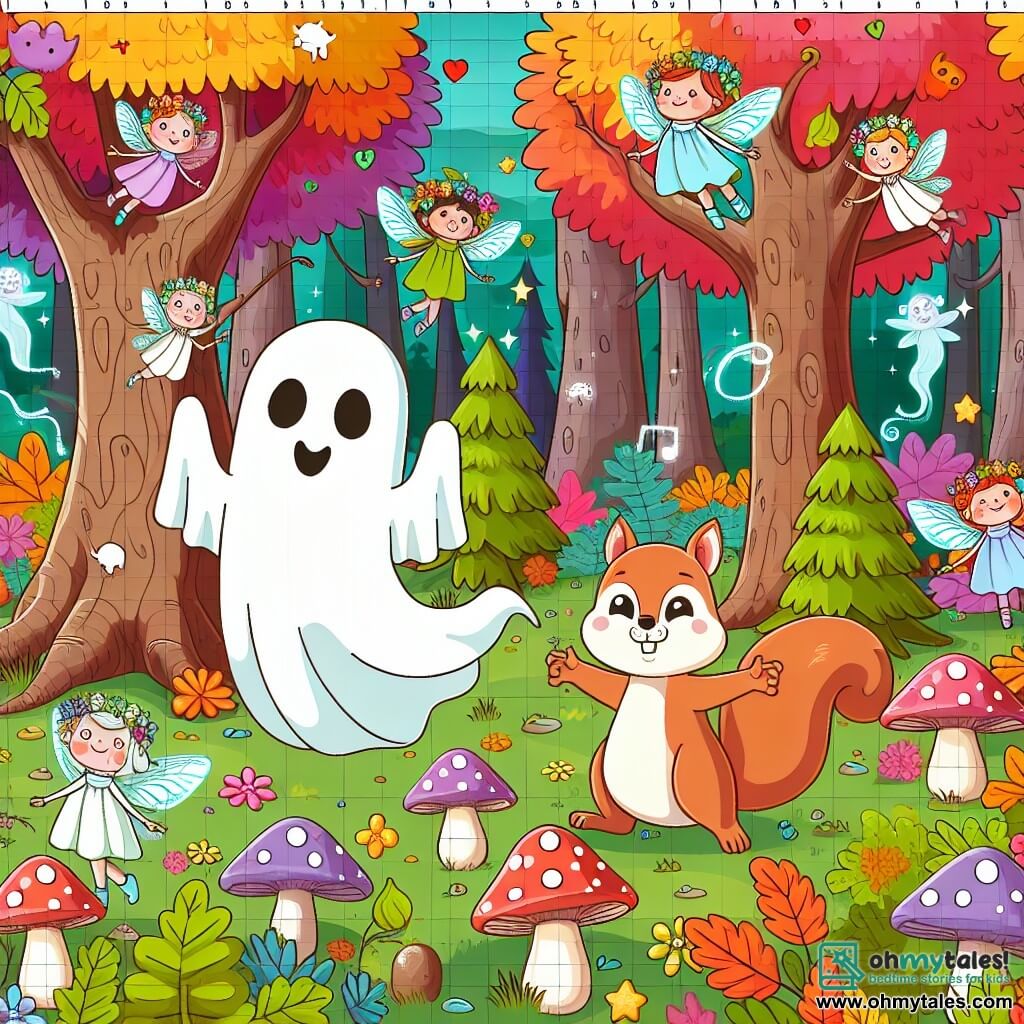 Une illustration destinée aux enfants représentant un fantôme farceur, accompagné d'un écureuil espiègle, dans une forêt enchantée remplie d'arbres aux feuilles multicolores, où les fées dansent et les champignons sourient.