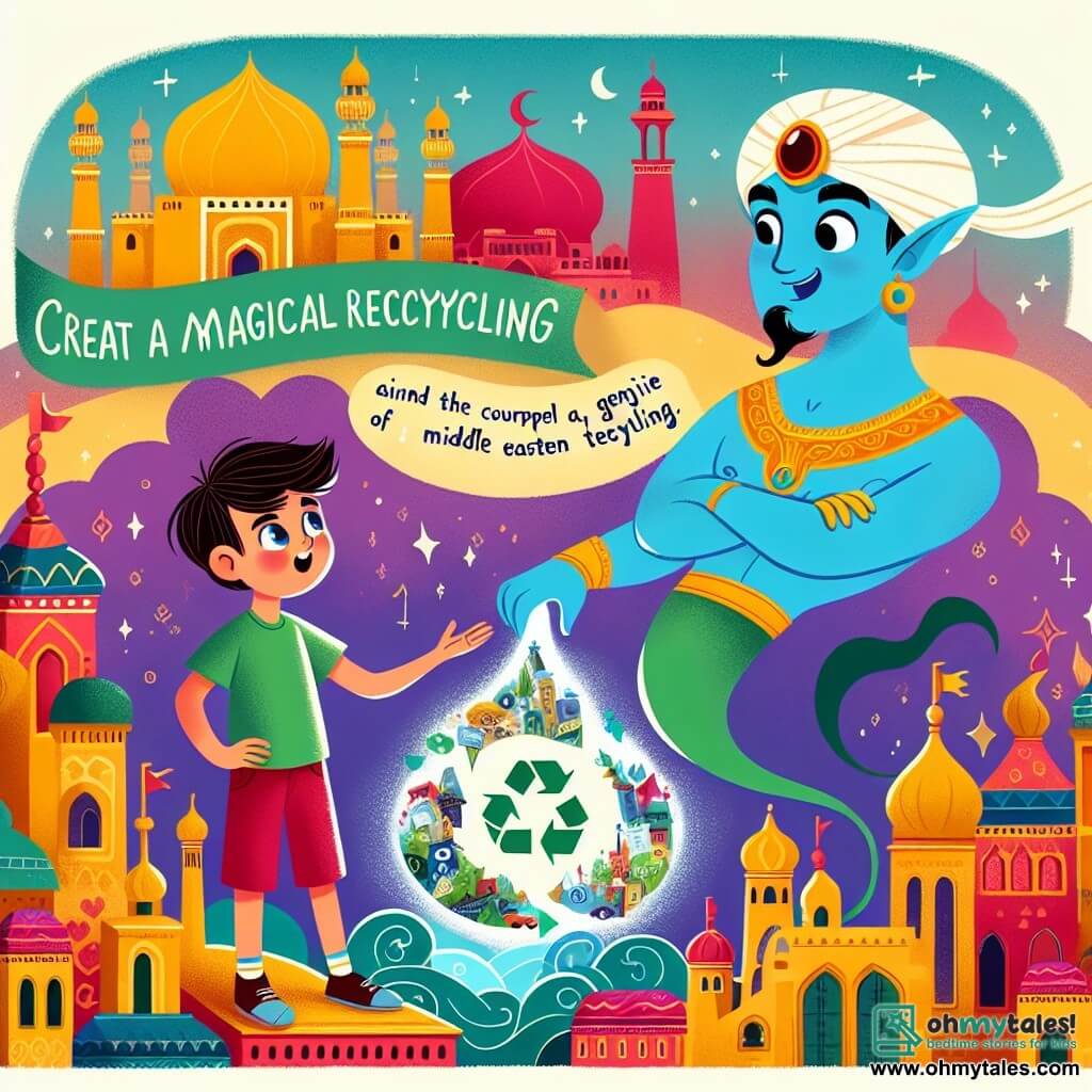 Une illustration destinée aux enfants représentant un jeune garçon intrépide découvrant un recyclage magique, accompagné d'un génie de la recyclage, dans la ville animée et colorée d'Agrabah.