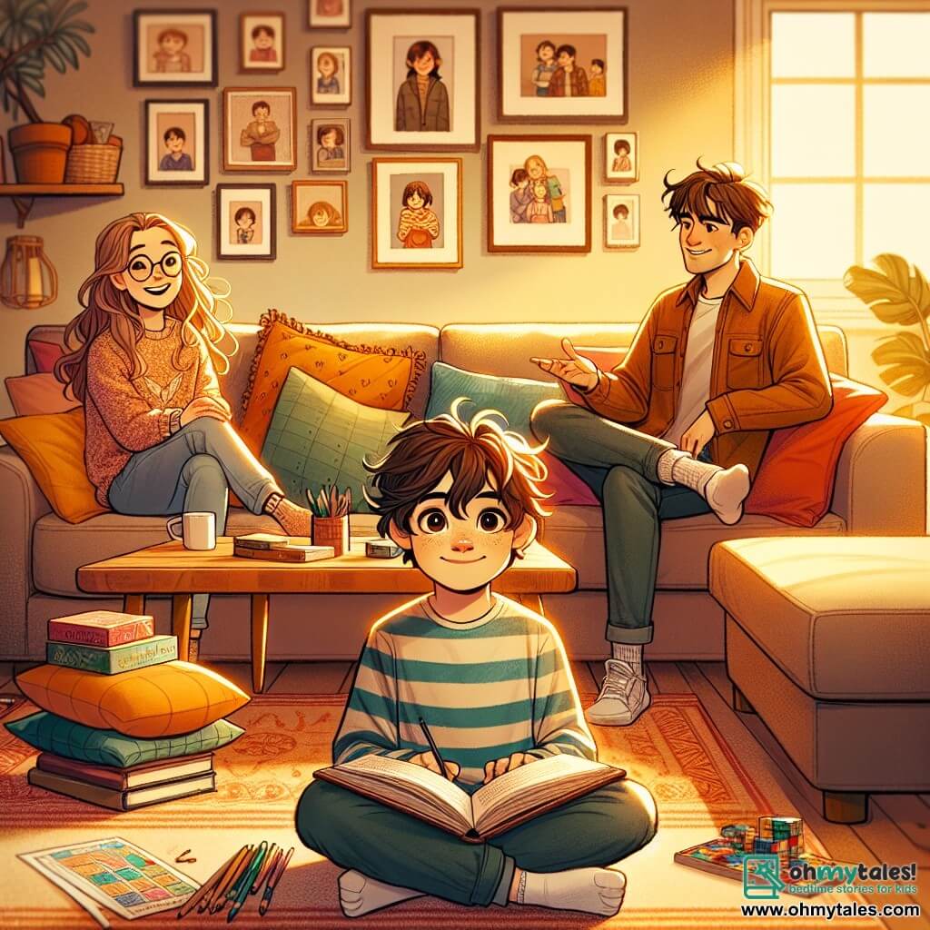 An illustration depicting a warm scene in a family living room. The space is bathed in soft golden light, featuring a large comfortable sofa covered with colorful cushions and a wooden coffee table filled with board games. Walls adorned with family photos and children's drawings add a personal touch to the area. 

In the center, an 11-year-old boy with messy brown hair and sparkling curious eyes sits cross-legged on the rug, holding a sketchbook with a determined smile, ready to share his ideas with his family. He is dressed casually in a striped t-shirt and jeans.

Next to him, a 13-year-old girl with long brown hair and glasses listens attentively while sitting on the sofa, wearing an encouraging expression, ready to support her brother. Her outfit is colorful, featuring a soft sweater and jeans.

The main scene shows the boy speaking, expressing his feelings to his parents, who stand in the background, attentive and open. The father, a middle-aged man with brown hair and a light beard, and the mother, a smiling woman in her forties with brown hair, exchange understanding glances, creating an atmosphere of support and love.

Additional graphic elements include a crackling fire in the fireplace, toys scattered on the floor, and a window letting in daylight, symbolizing hope and family warmth.