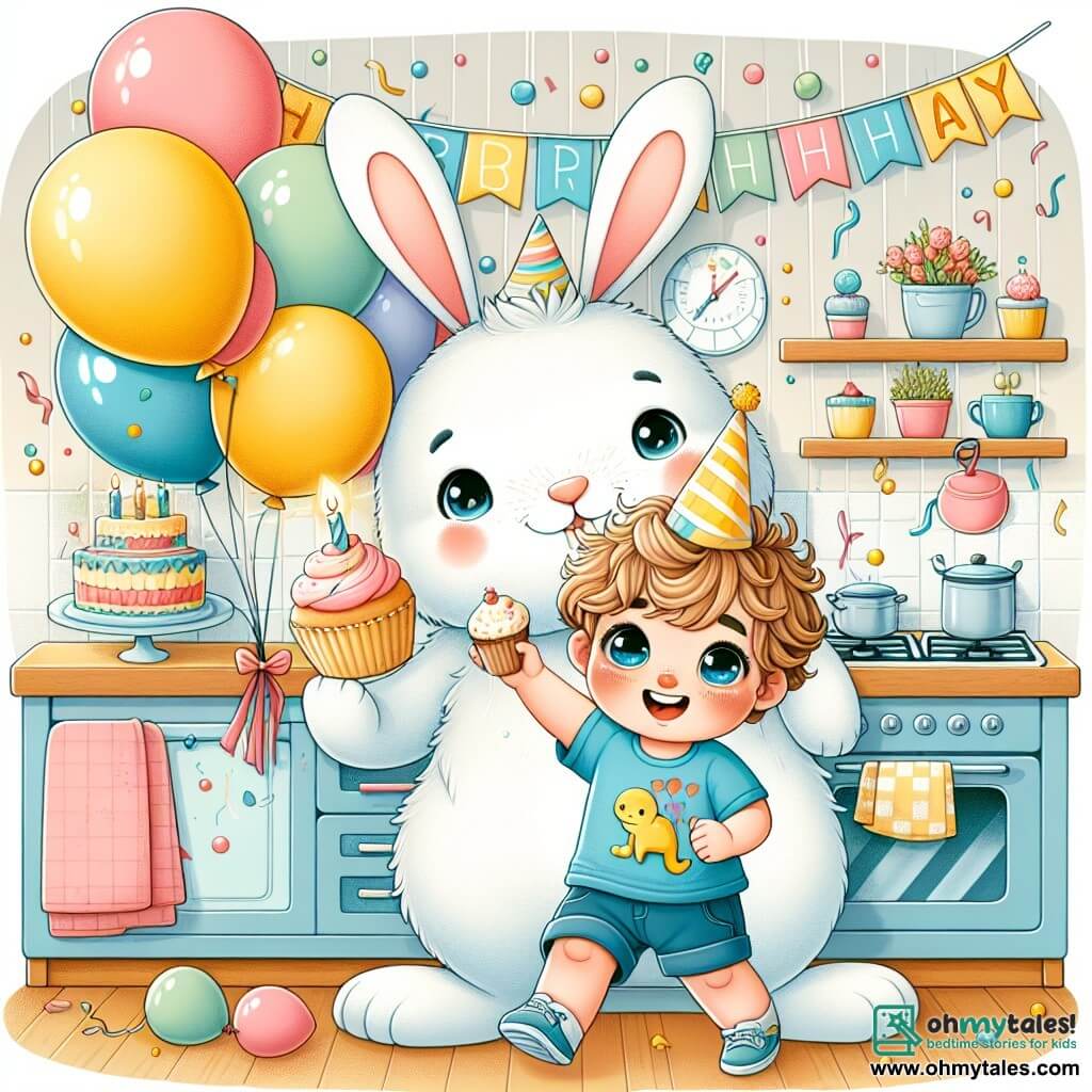Une illustration sous forme de dessin destinée aux enfants représentant une joyeuse cuisine décorée de ballons colorés et d'un grand gâteau d'anniversaire, où un garçon de 3 ans aux cheveux bouclés et aux yeux pétillants, portant un t-shirt bleu avec un dinosaure jaune, saute de joie en tenant un cupcake, tandis qu'un grand et doux lapin aux poils blancs et aux grandes oreilles, portant un petit chapeau de fête, sourit et danse à ses côtés, le tout dans une ambiance festive et pleine de rires, symbolisant un moment magique de célébration d'anniversaire.