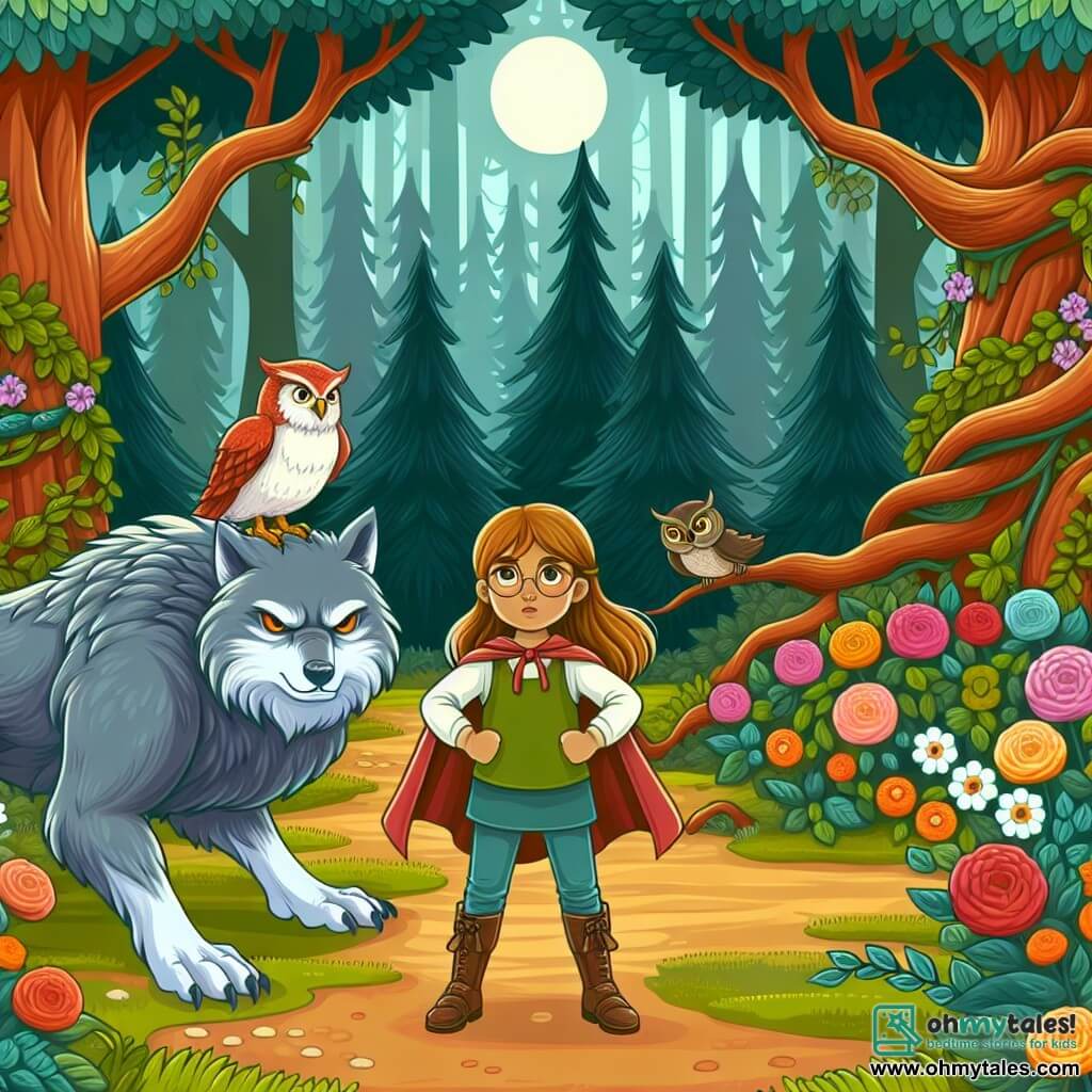 Une illustration destinée aux enfants représentant une jeune fille courageuse se tenant face à un loup-garou, accompagnée d'une chouette sage, dans une forêt enchantée aux arbres majestueux et aux fleurs multicolores.