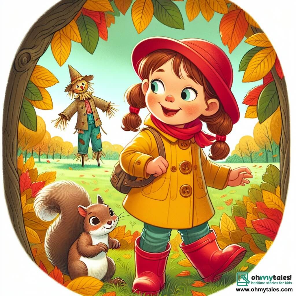 Une illustration destinée aux enfants représentant une petite fille curieuse et joyeuse, vêtue d'un manteau jaune et de bottes rouges, qui explore un parc rempli de feuilles d'automne colorées, accompagnée d'un adorable écureuil nommé Sammy, tandis qu'un épouvantail solitaire se tient dans un champ avec des vêtements usés et un chapeau de paille légèrement penché.